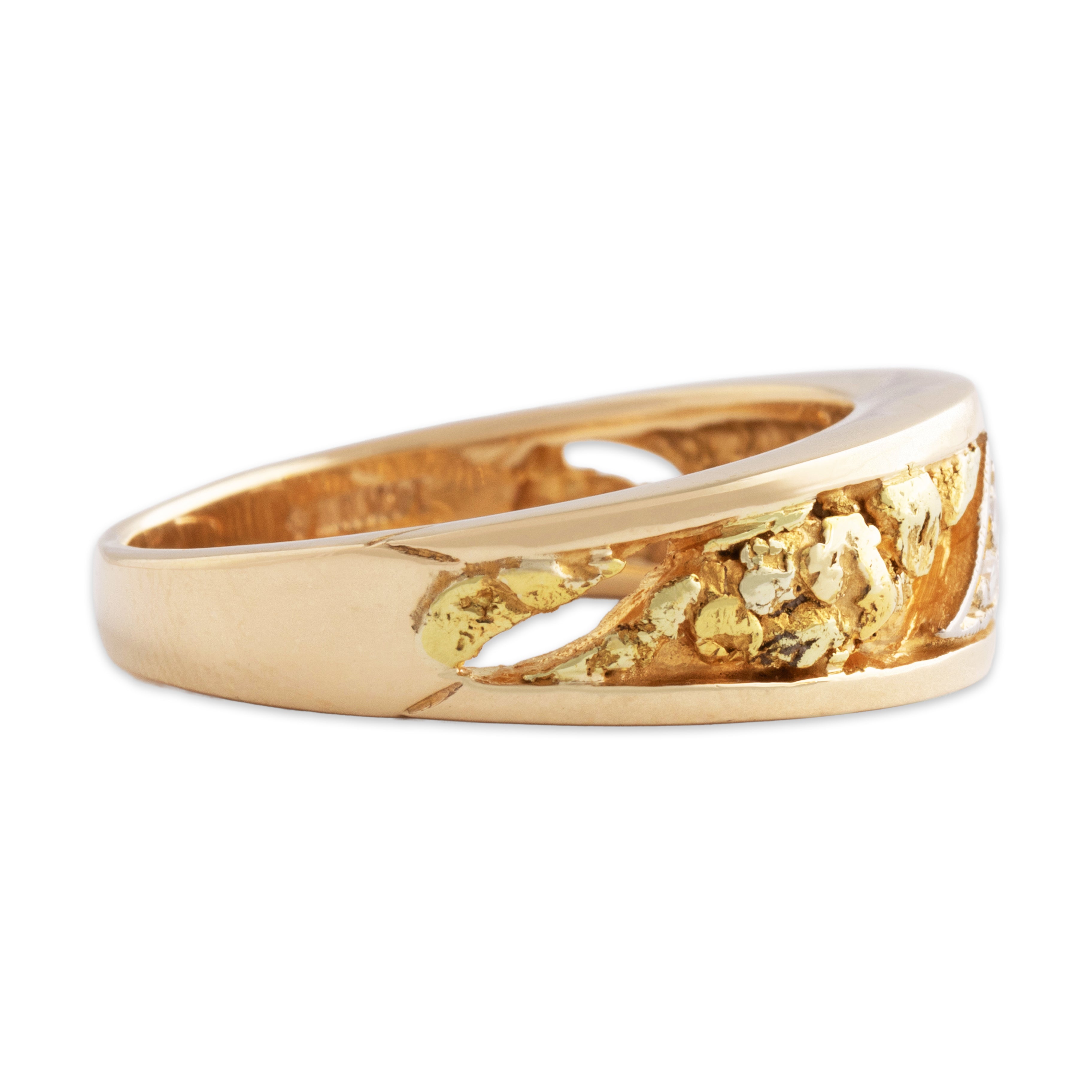 Vintage Heavy 14k Yellow Gold Diamond Diagonal Gold Nugget Ring - Side view