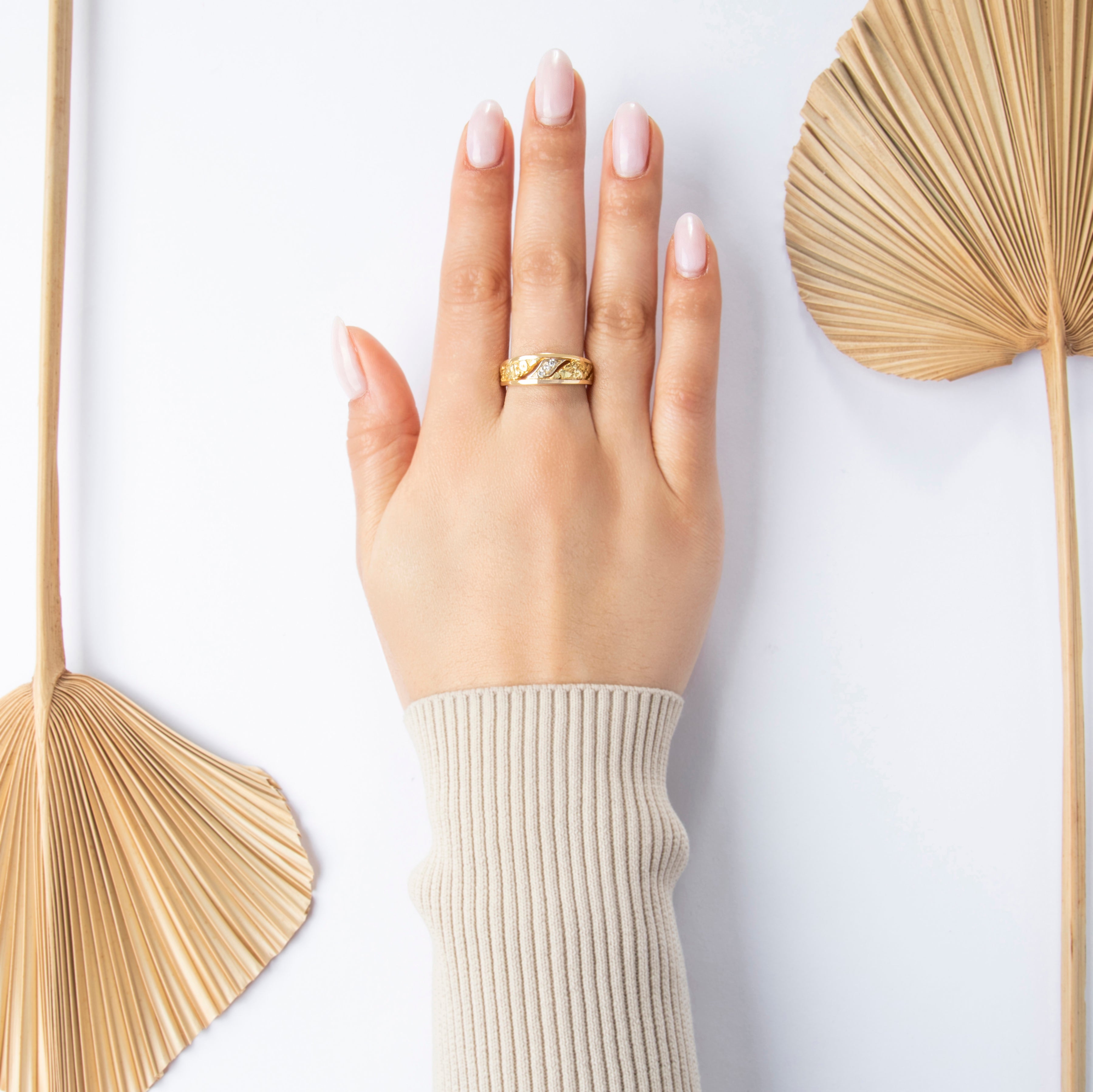 Vintage Heavy 14k Yellow Gold Diamond Diagonal Gold Nugget Ring - On model view