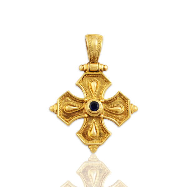Vintage Large 18k Yellow Gold Blue Sapphire Detailed Classical Cross Pendant