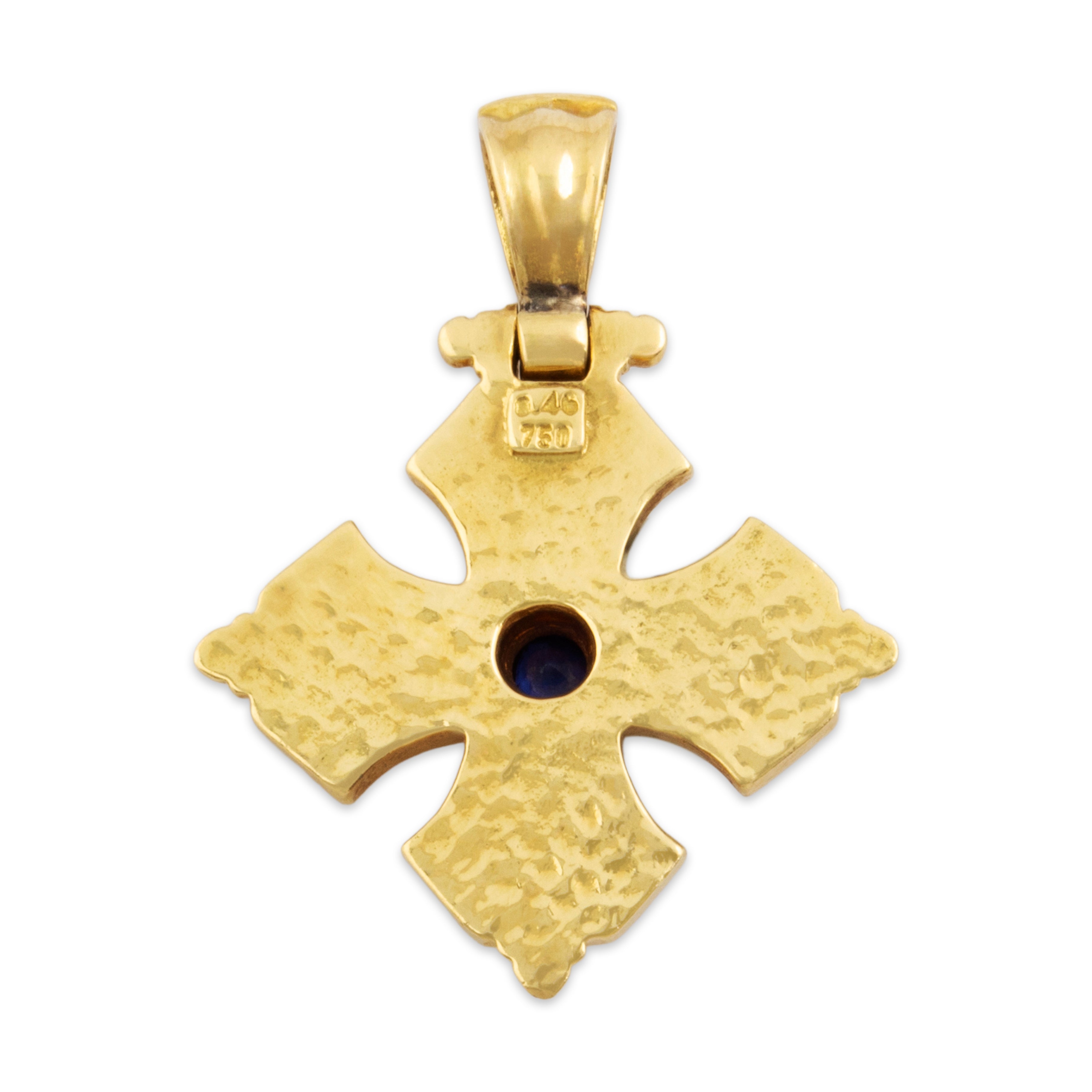 Vintage Large 18k Yellow Gold Blue Sapphire Detailed Classical Cross Pendant - Back view