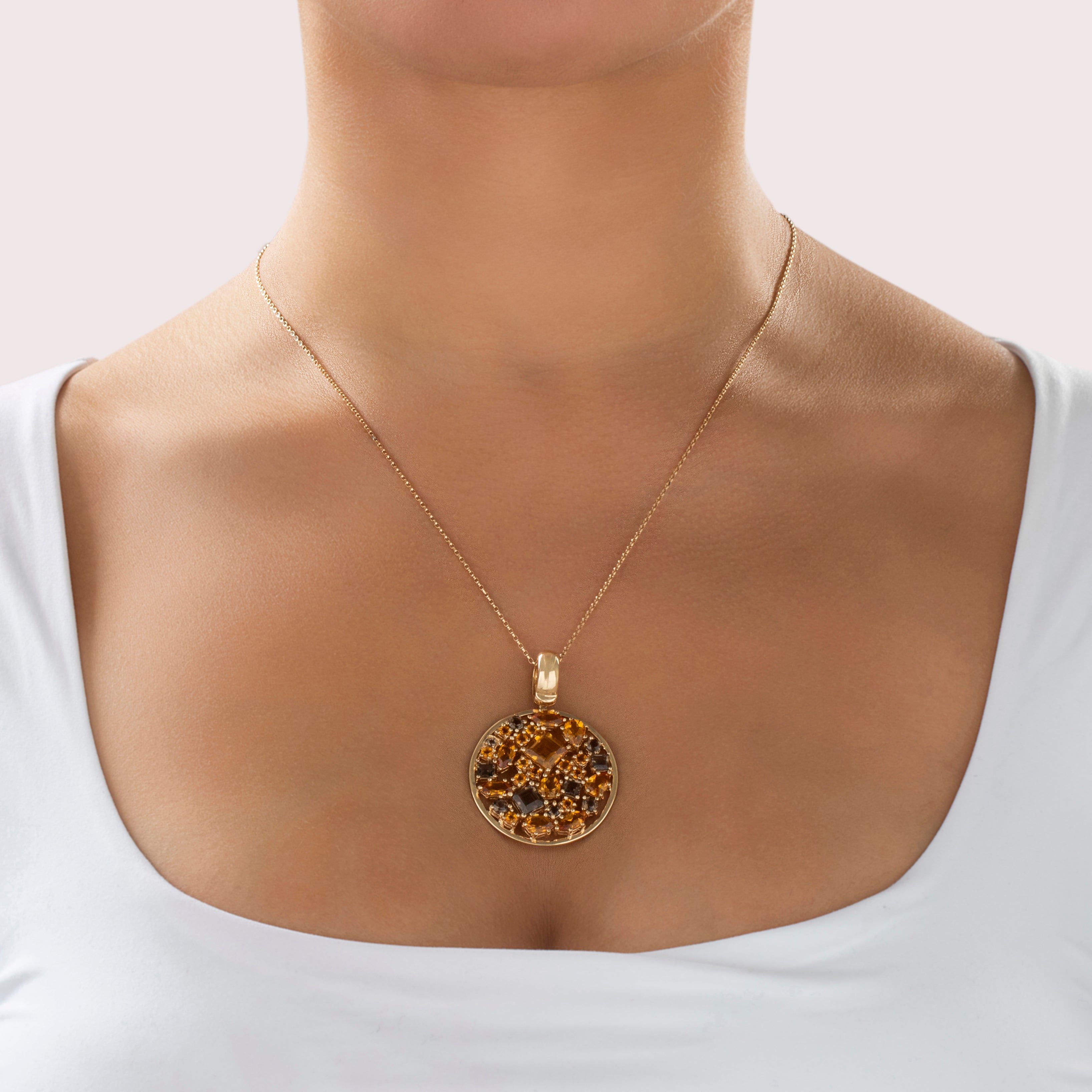 Vintage Large 14k Yellow Gold 7.2cttw Citrine Smokey Quartz Mixed-Cut Pendant - On model view