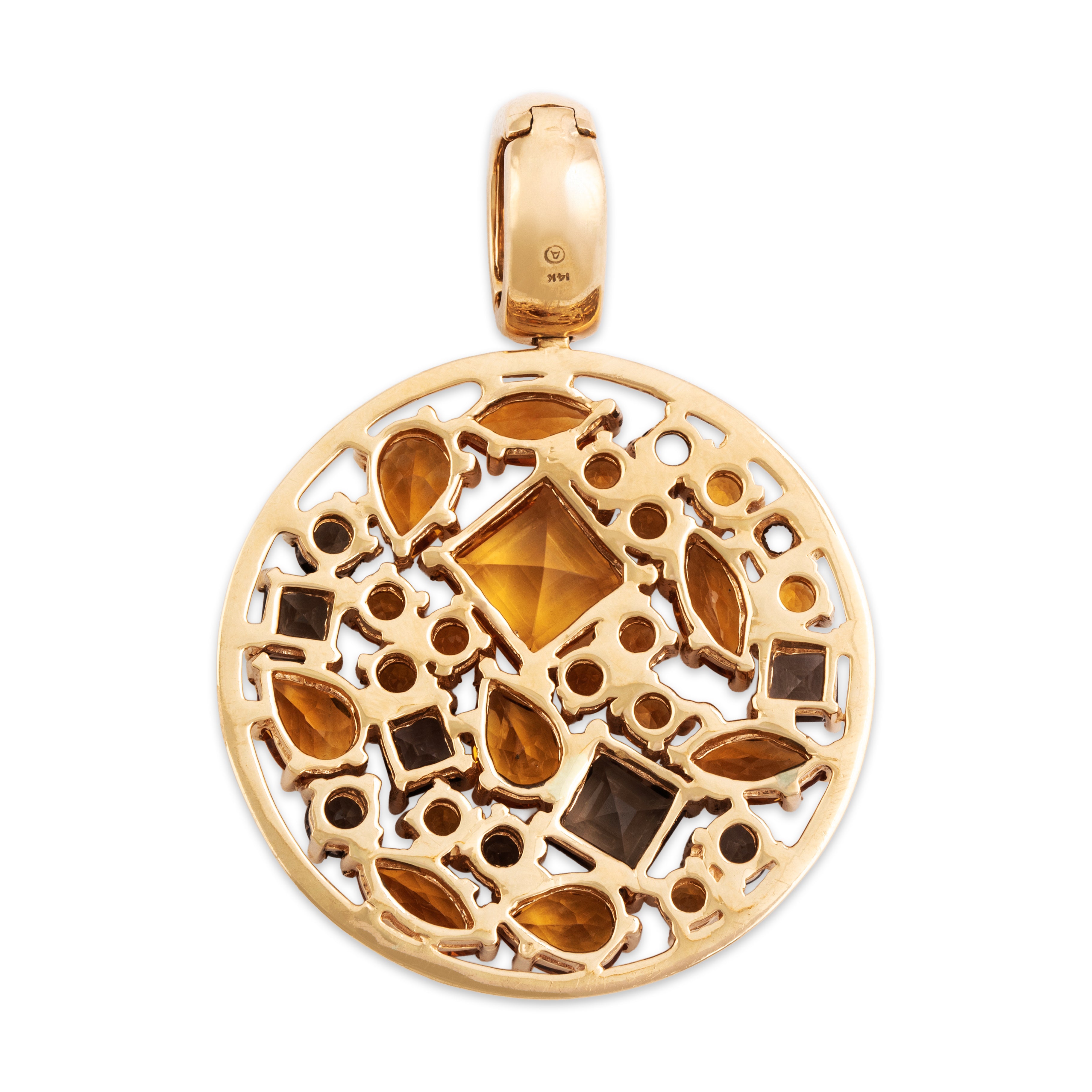 Vintage Large 14k Yellow Gold 7.2cttw Citrine Smokey Quartz Mixed-Cut Pendant - Back view