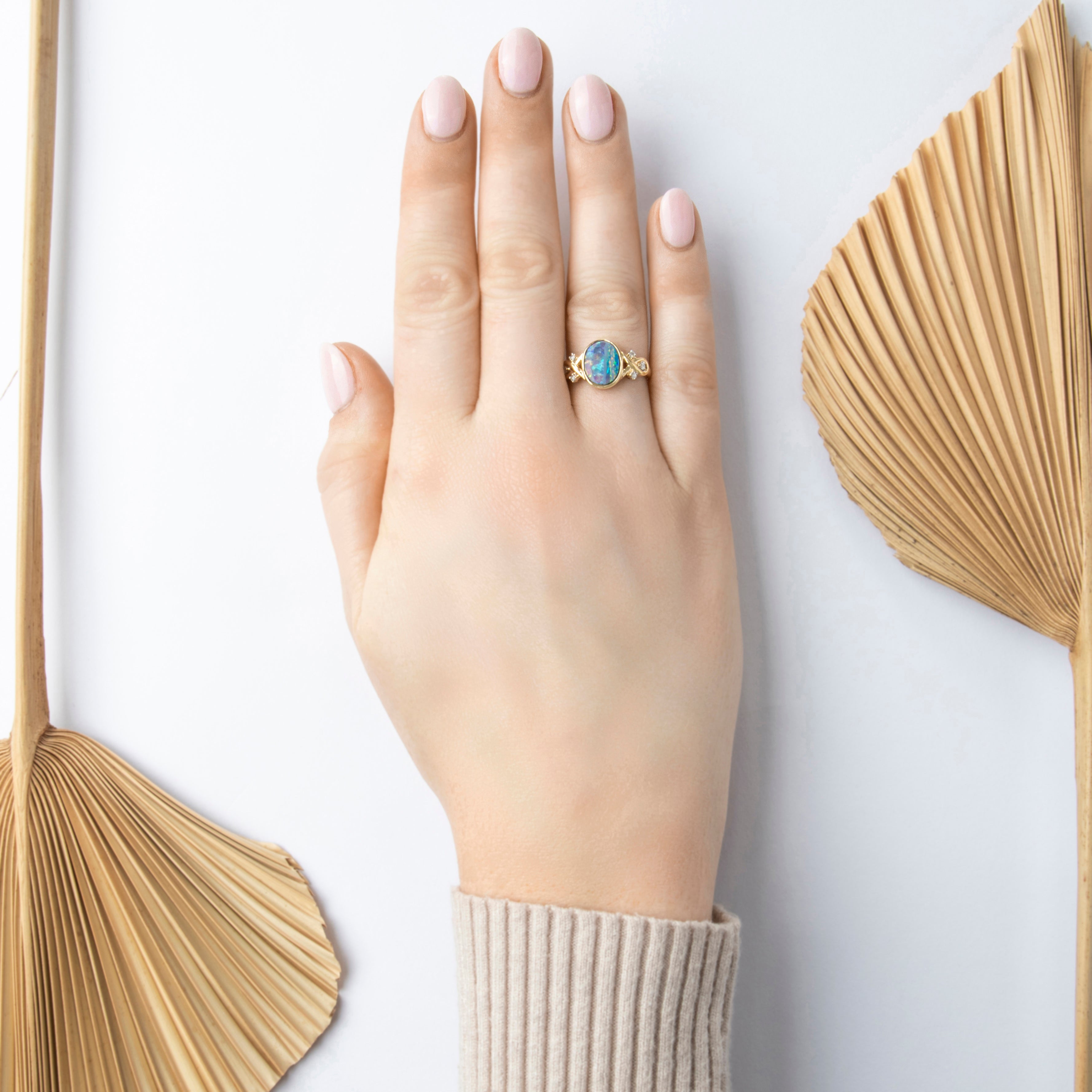 Vintage 14k Yellow Gold Diamond Mesmerizing Blue Rainbow Flourish Ring - On model view