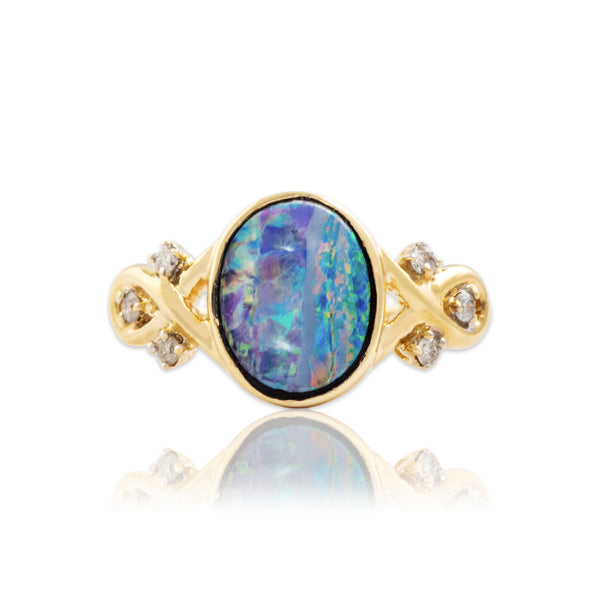 Vintage 14k Yellow Gold Diamond Mesmerizing Blue Rainbow Flourish Ring 7.25