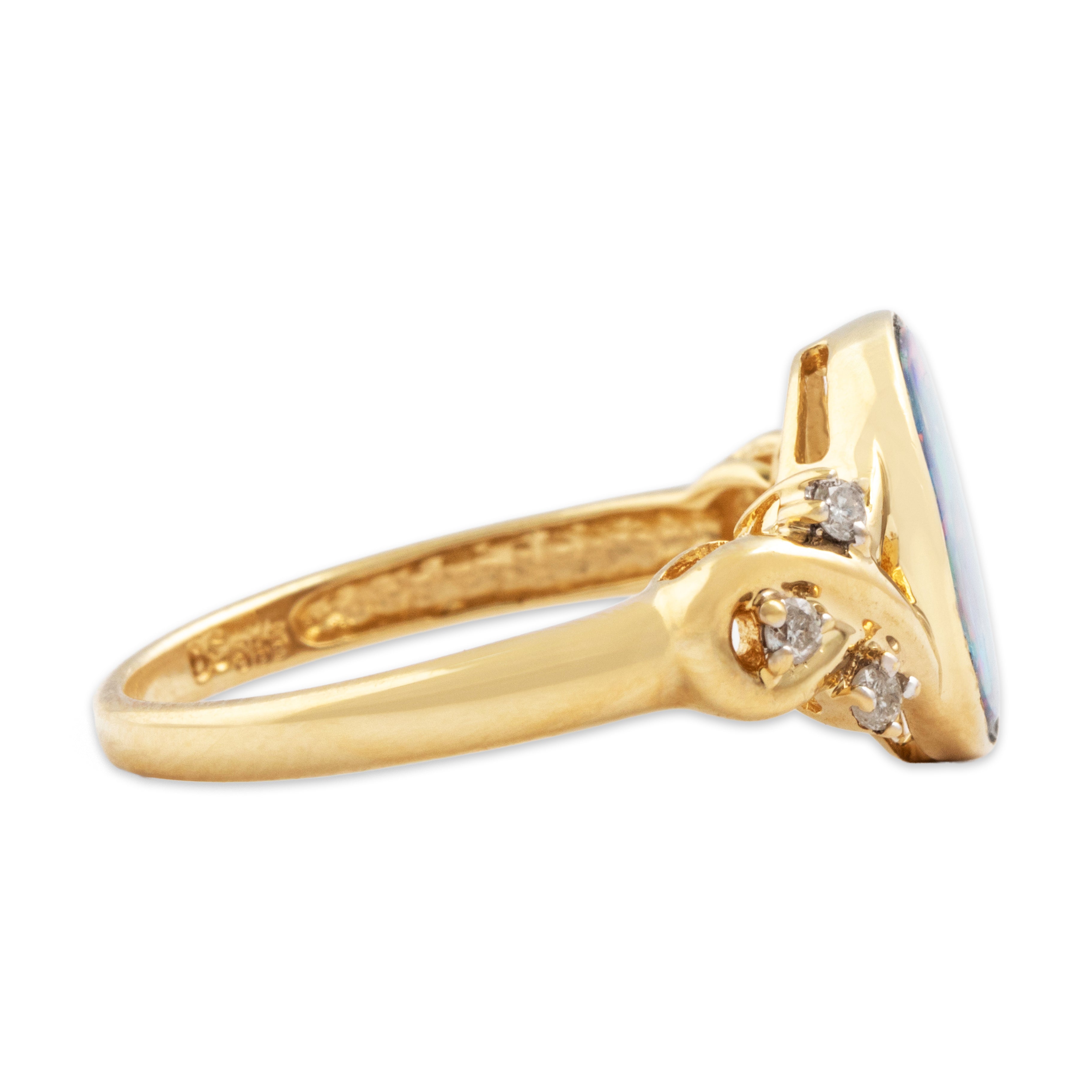 Vintage 14k Yellow Gold Diamond Mesmerizing Blue Rainbow Flourish Ring - Side view