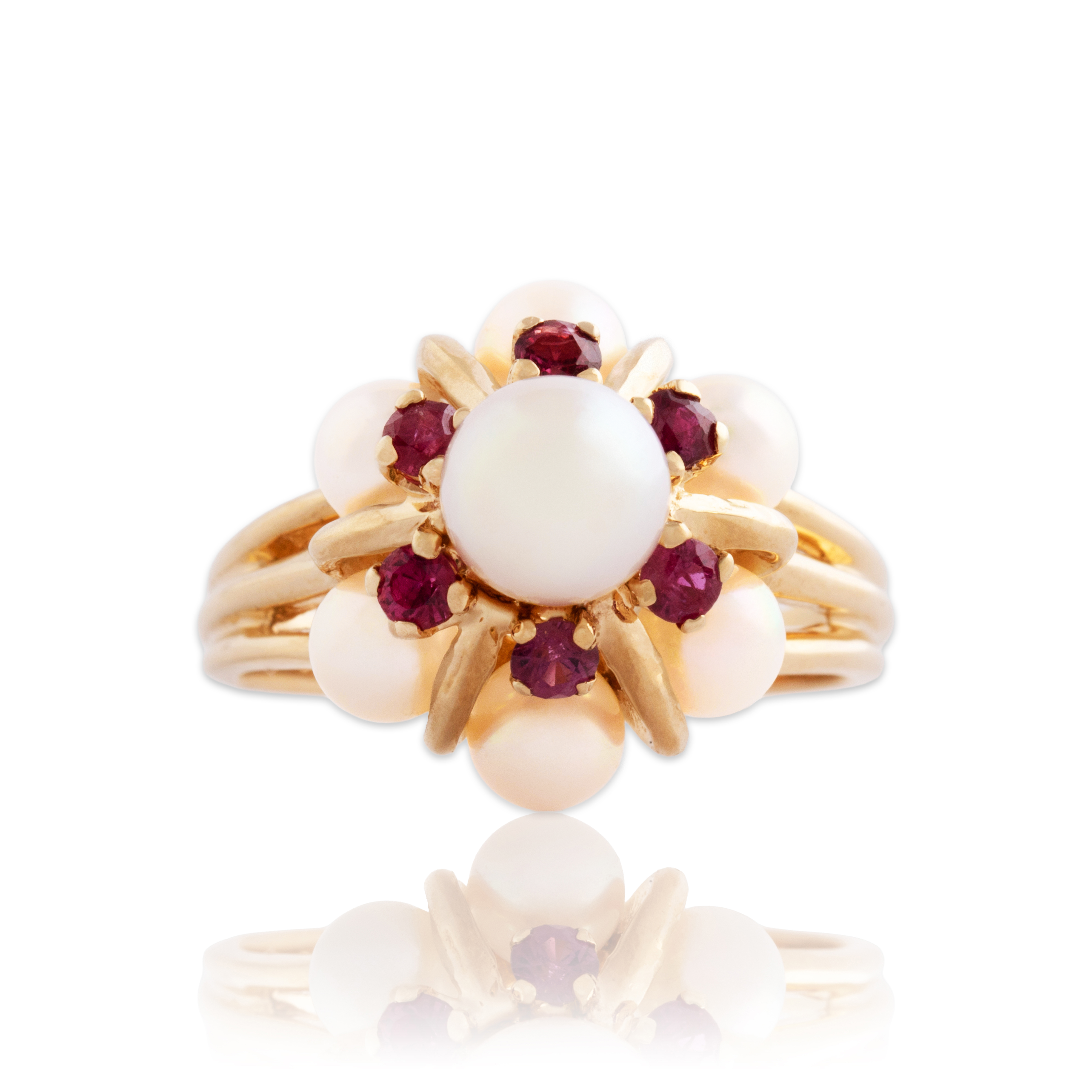 Vintage 14k Yellow Gold Pearl Ruby Tall Blooming Halo Cocktail Ring 7.75