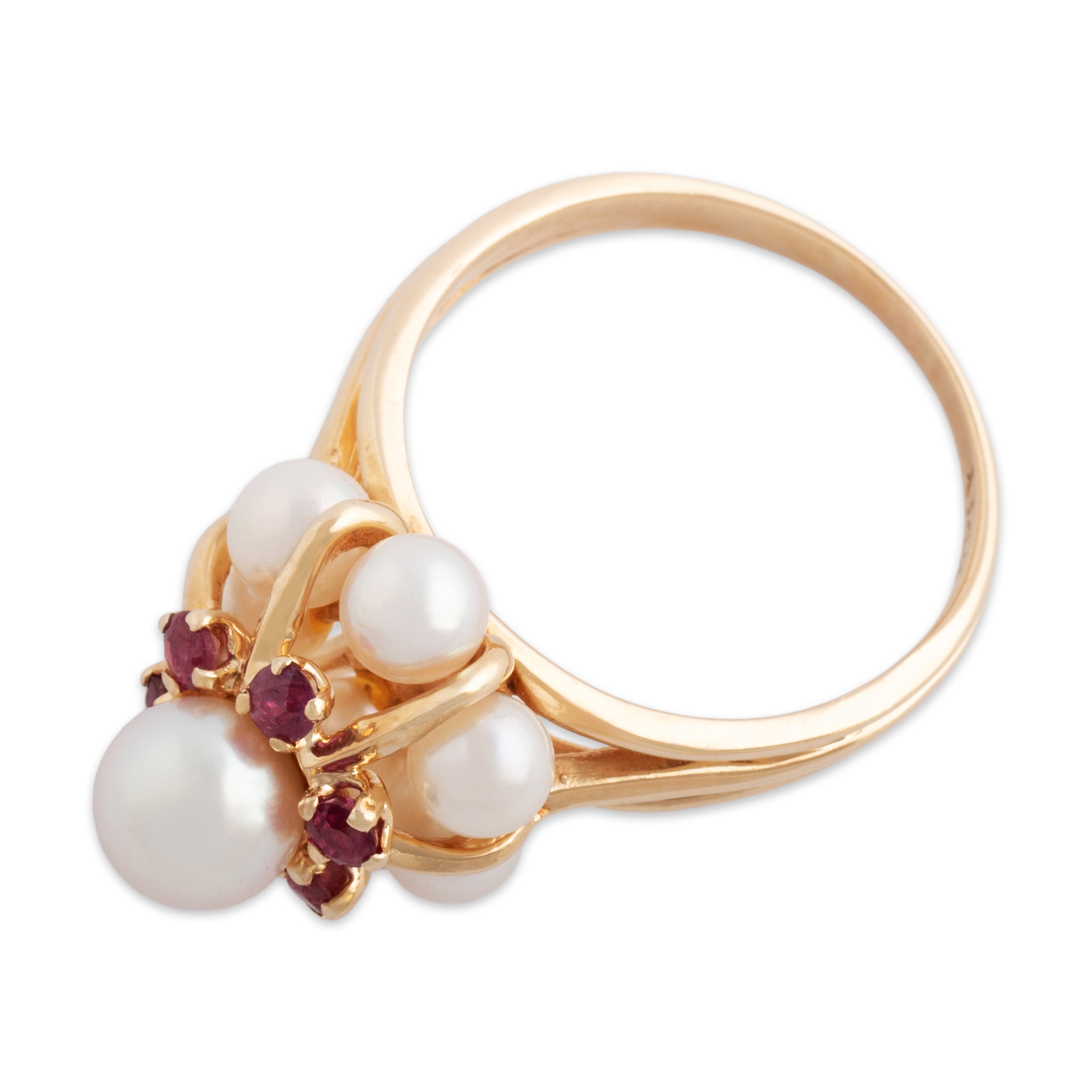 Vintage 14k Yellow Gold Pearl Ruby Tall Blooming Halo Cocktail Ring - Overall view
