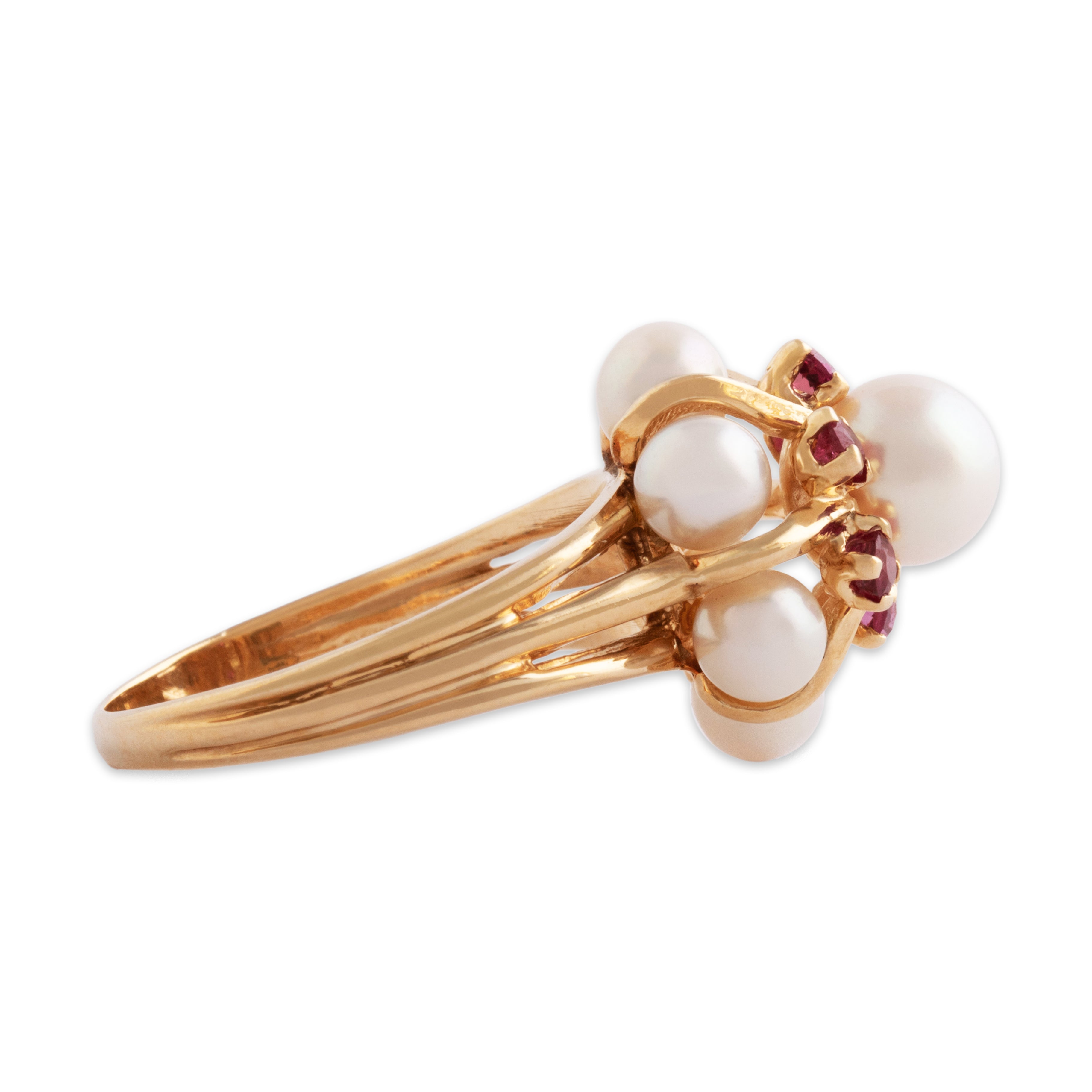 Vintage 14k Yellow Gold Pearl Ruby Tall Blooming Halo Cocktail Ring - Side view