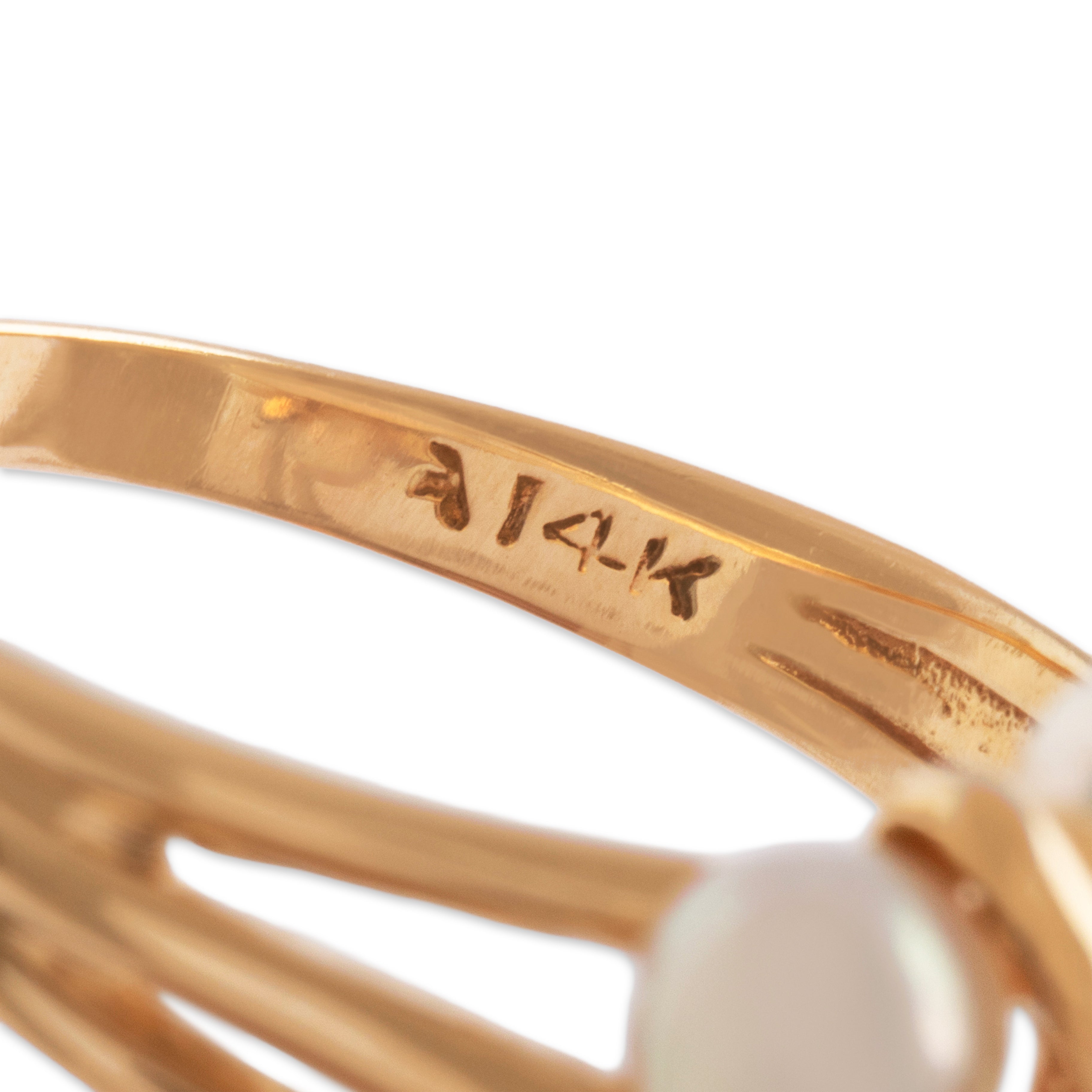 Vintage 14k Yellow Gold Pearl Ruby Tall Blooming Halo Cocktail Ring - Hallmark view