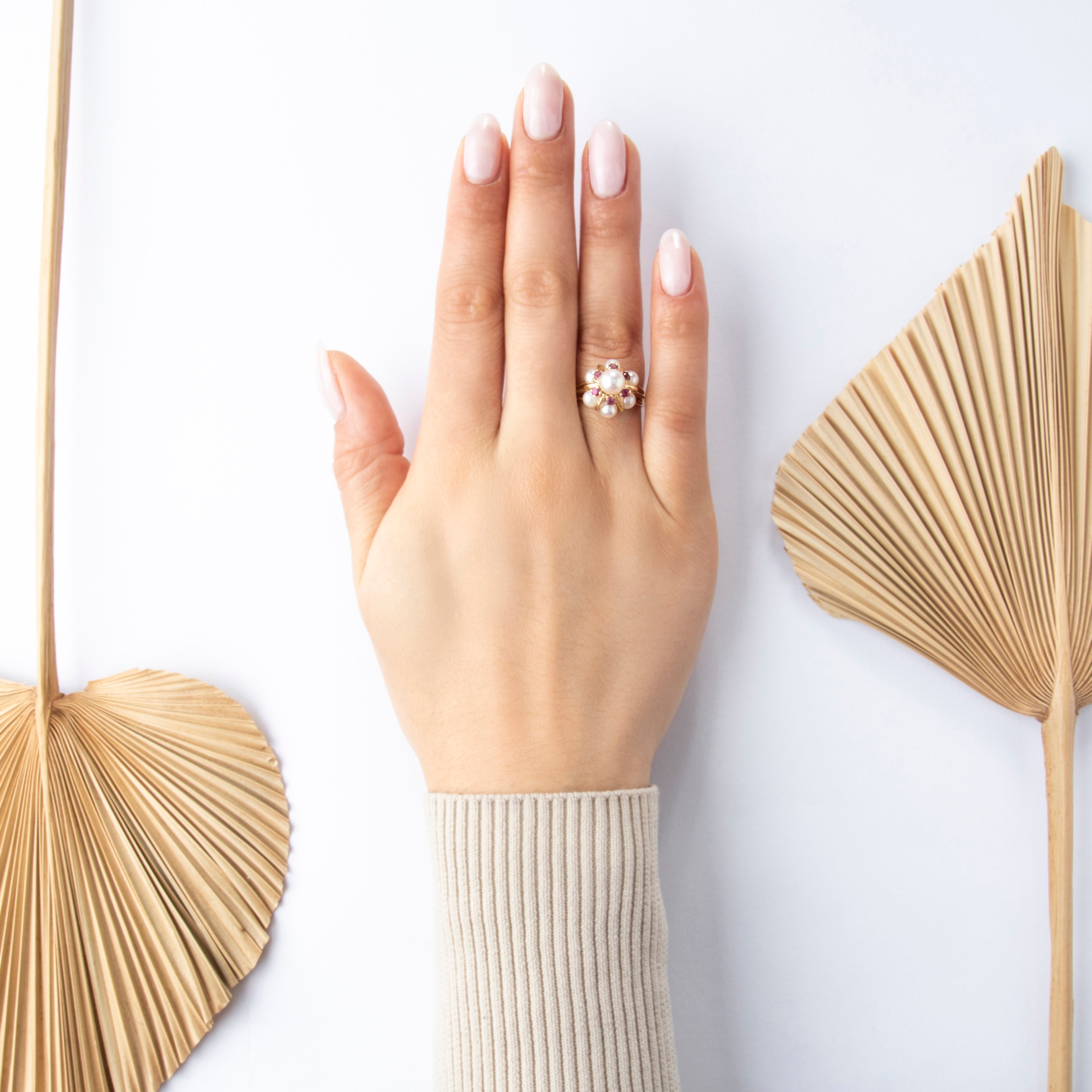 Vintage 14k Yellow Gold Pearl Ruby Tall Blooming Halo Cocktail Ring - On model view