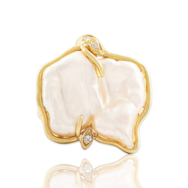 Vintage Large 14k Yellow Gold Baroque Pearl Diamond Abstract Statement Ring 7.00