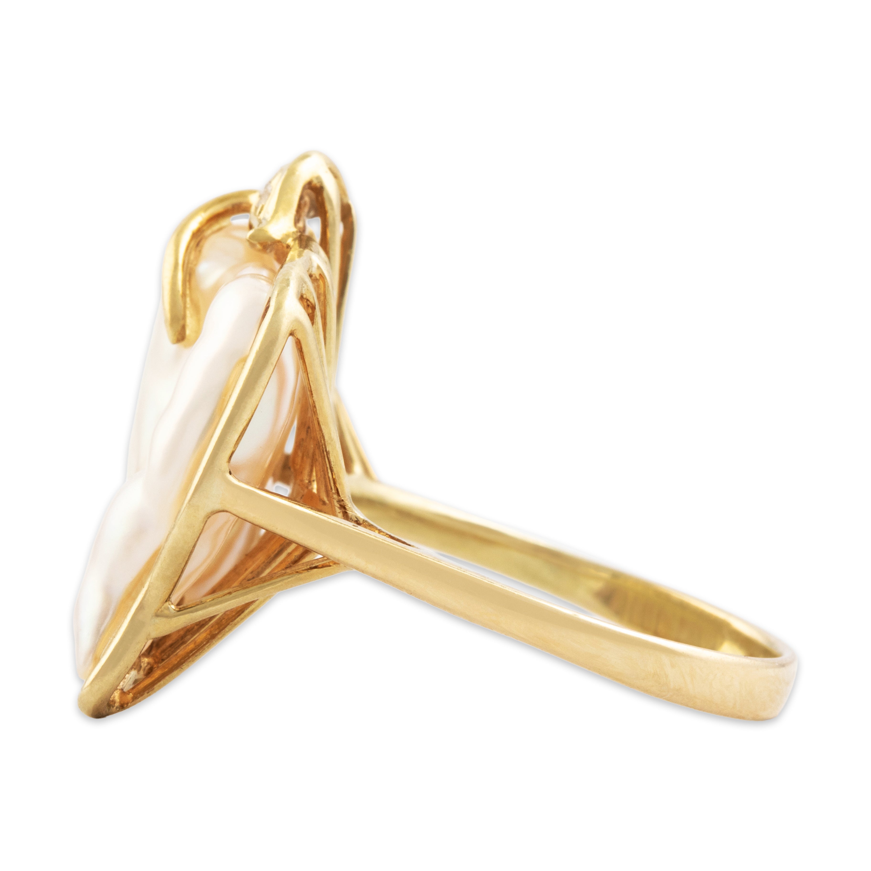 Vintage Large 14k Yellow Gold Baroque Pearl Diamond Abstract Statement Ring - Side view