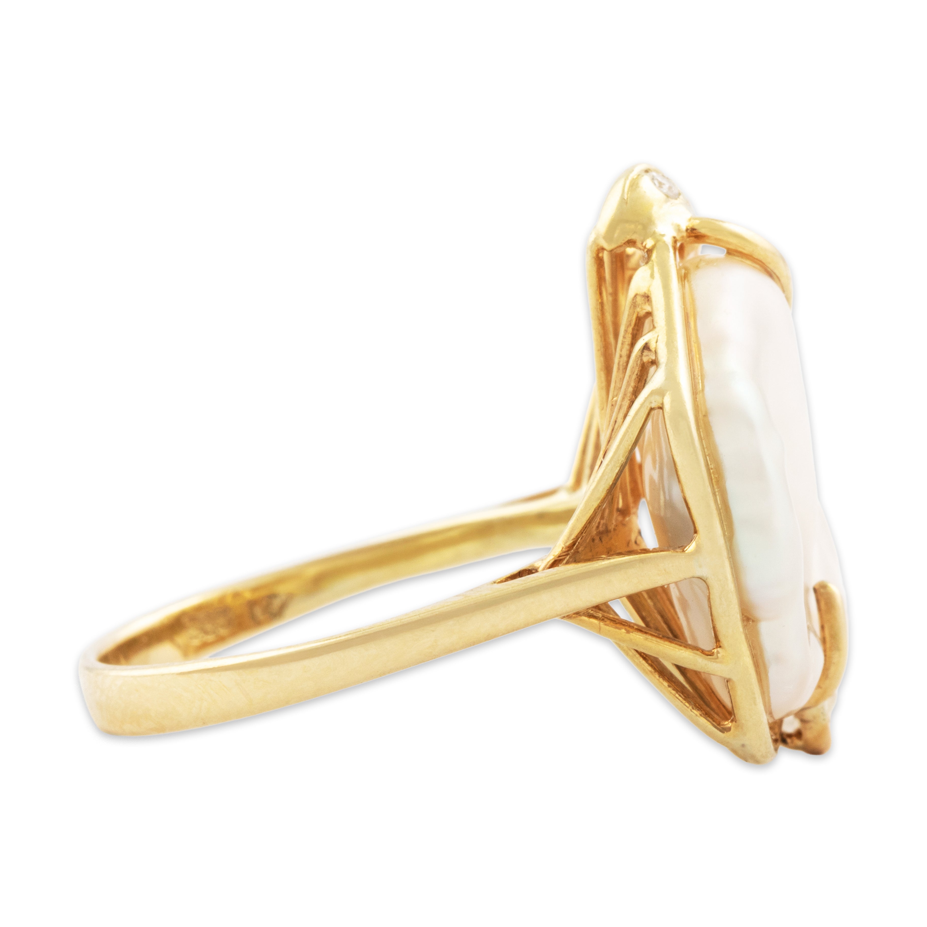 Vintage Large 14k Yellow Gold Baroque Pearl Diamond Abstract Statement Ring - Side view