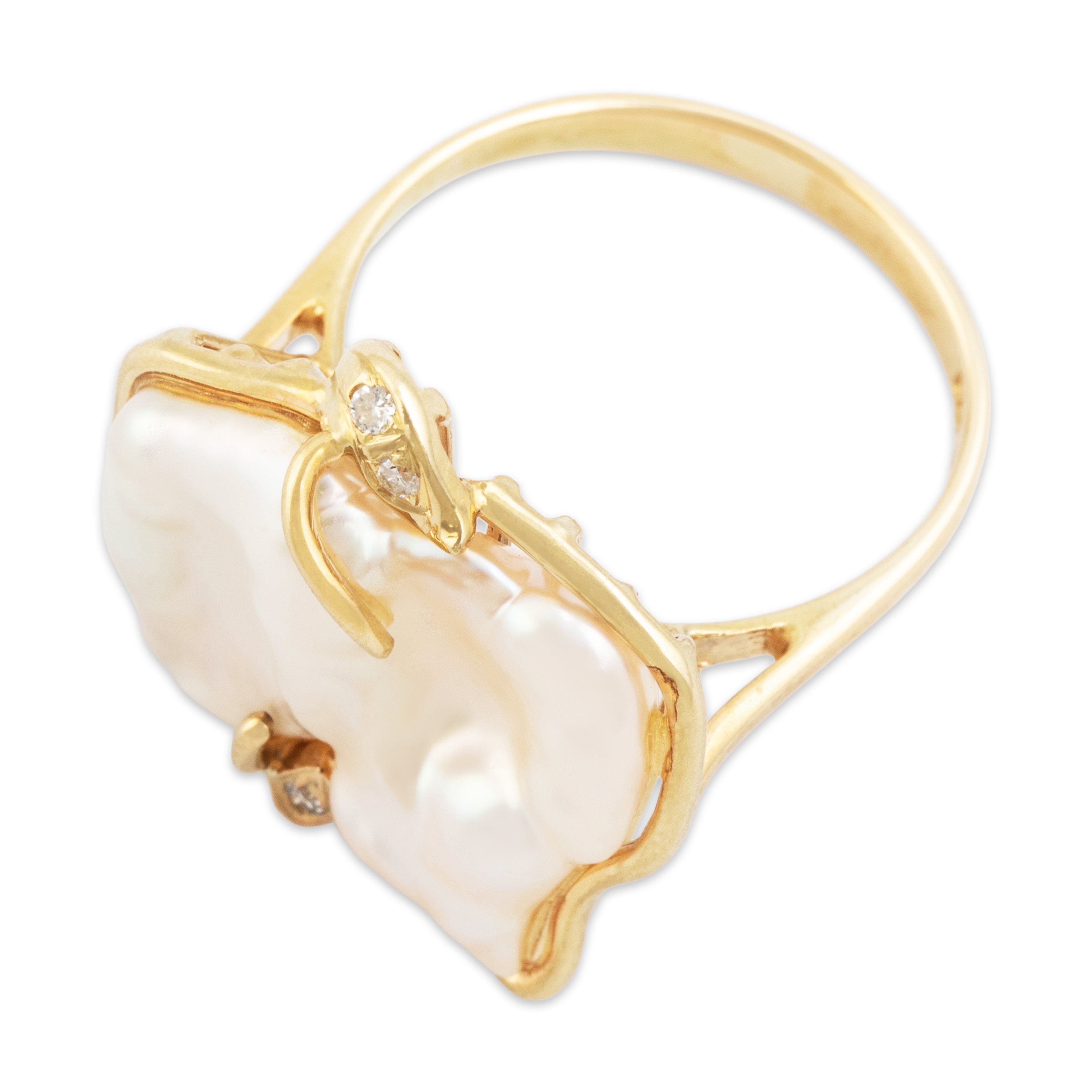 Vintage Large 14k Yellow Gold Baroque Pearl Diamond Abstract Statement Ring - Overall view