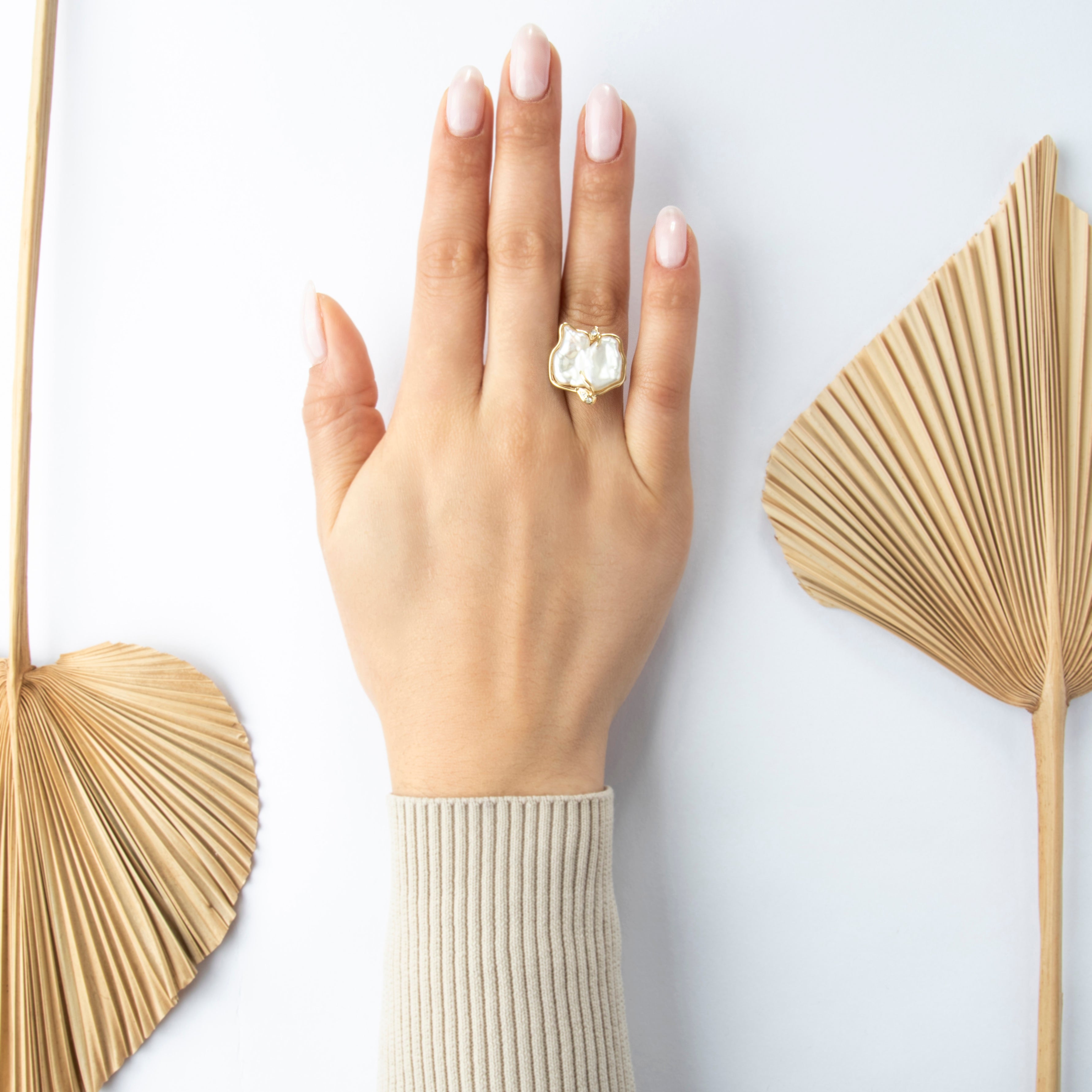 Vintage Large 14k Yellow Gold Baroque Pearl Diamond Abstract Statement Ring - On model view