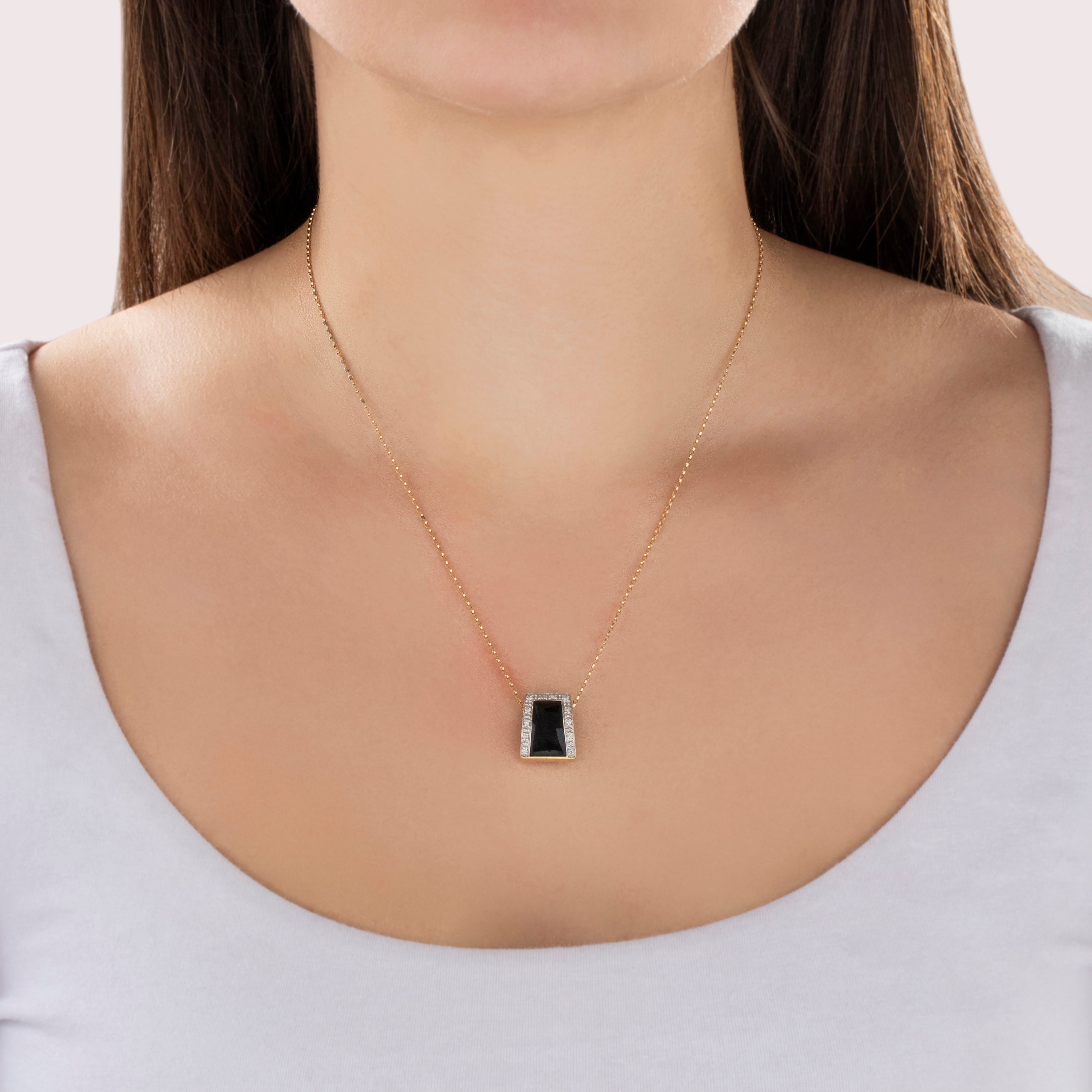 Vintage Heavy 14k Yellow Gold Onyx Diamond Tapered Rectangular Slide Pendant - On model view