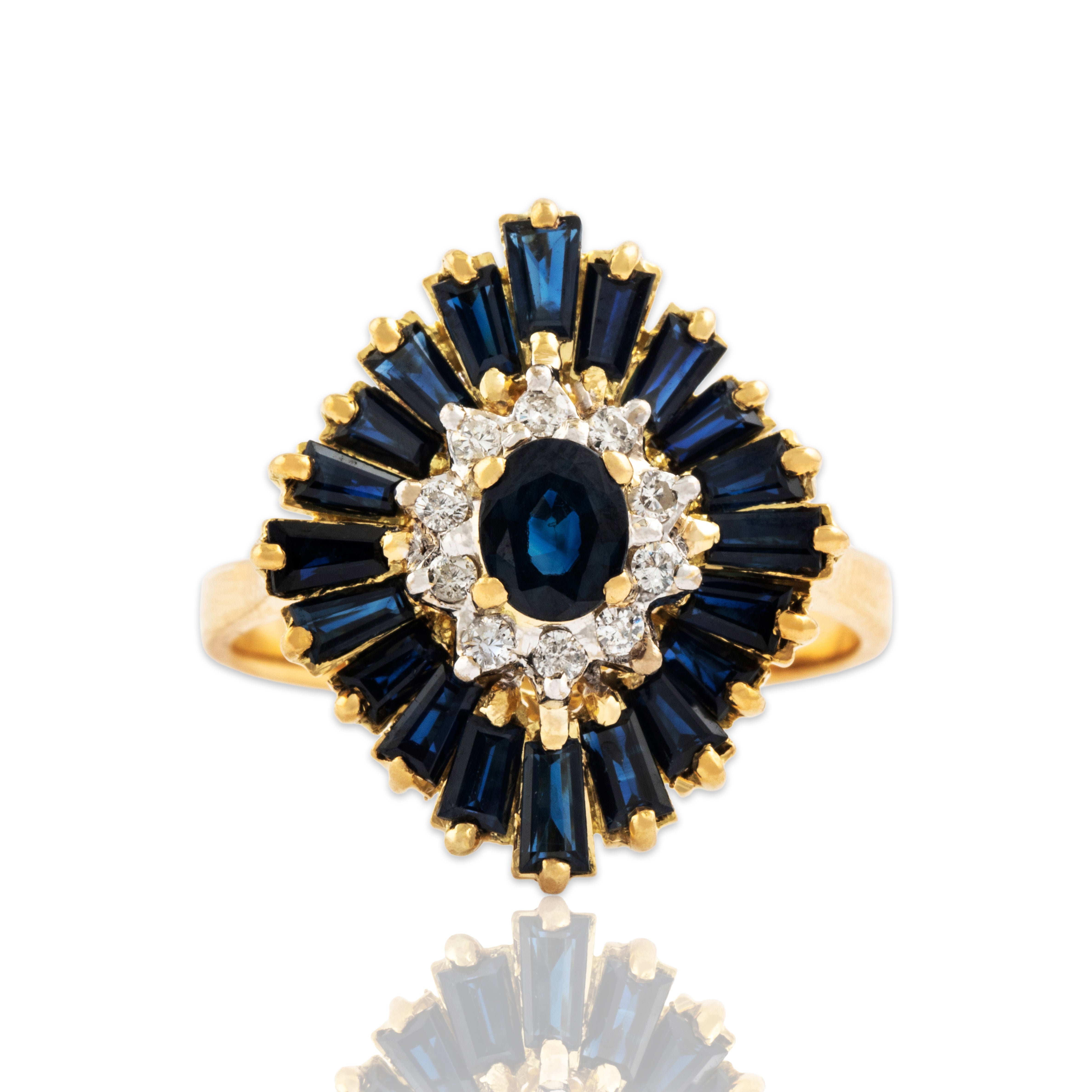 Vintage 18k Yellow Gold 1.5cttw Sapphire Diamond Ballerina Halo Ring - Close-up view