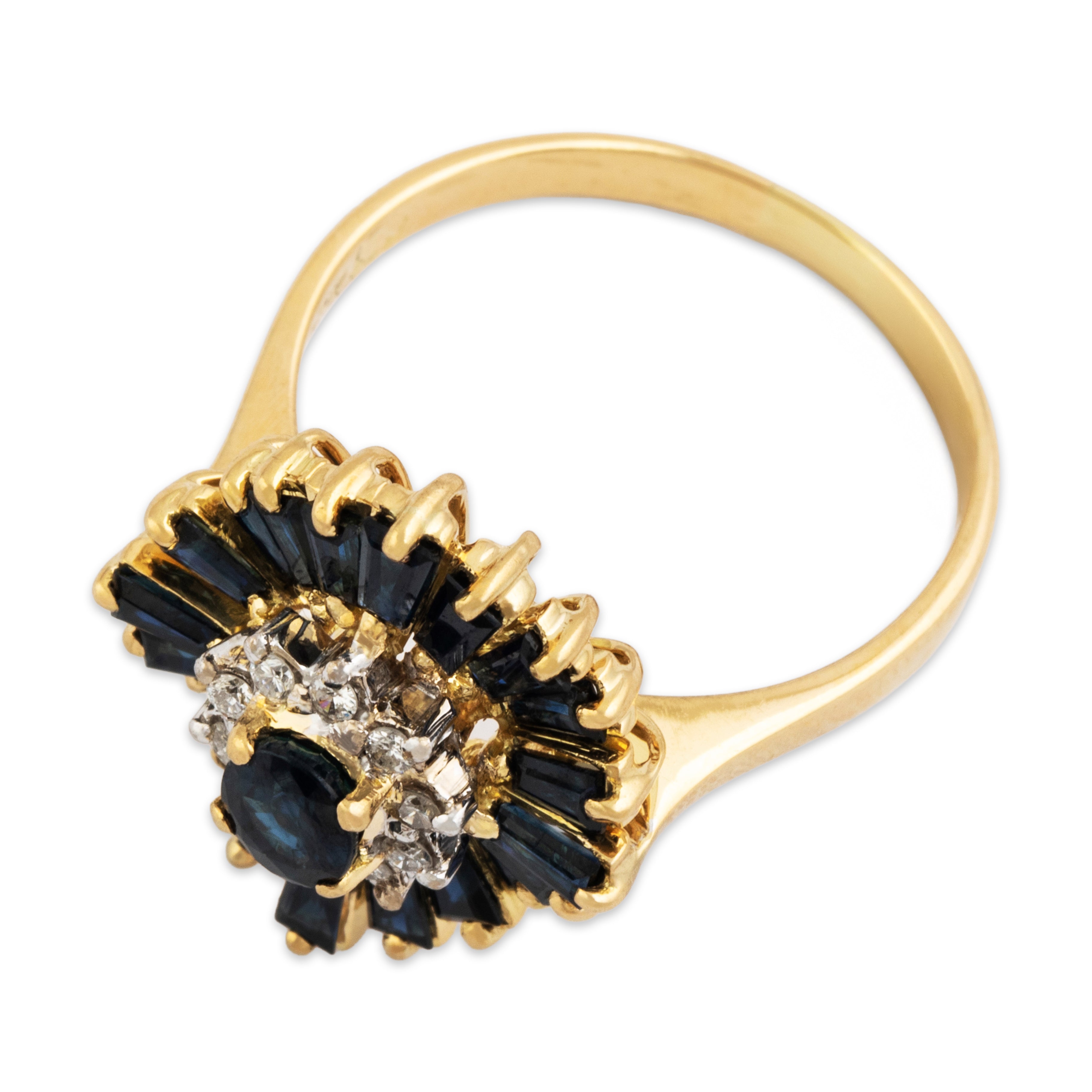 Vintage 18k Yellow Gold 1.5cttw Blue Sapphire Diamond Ballerina Halo Ring 8.50