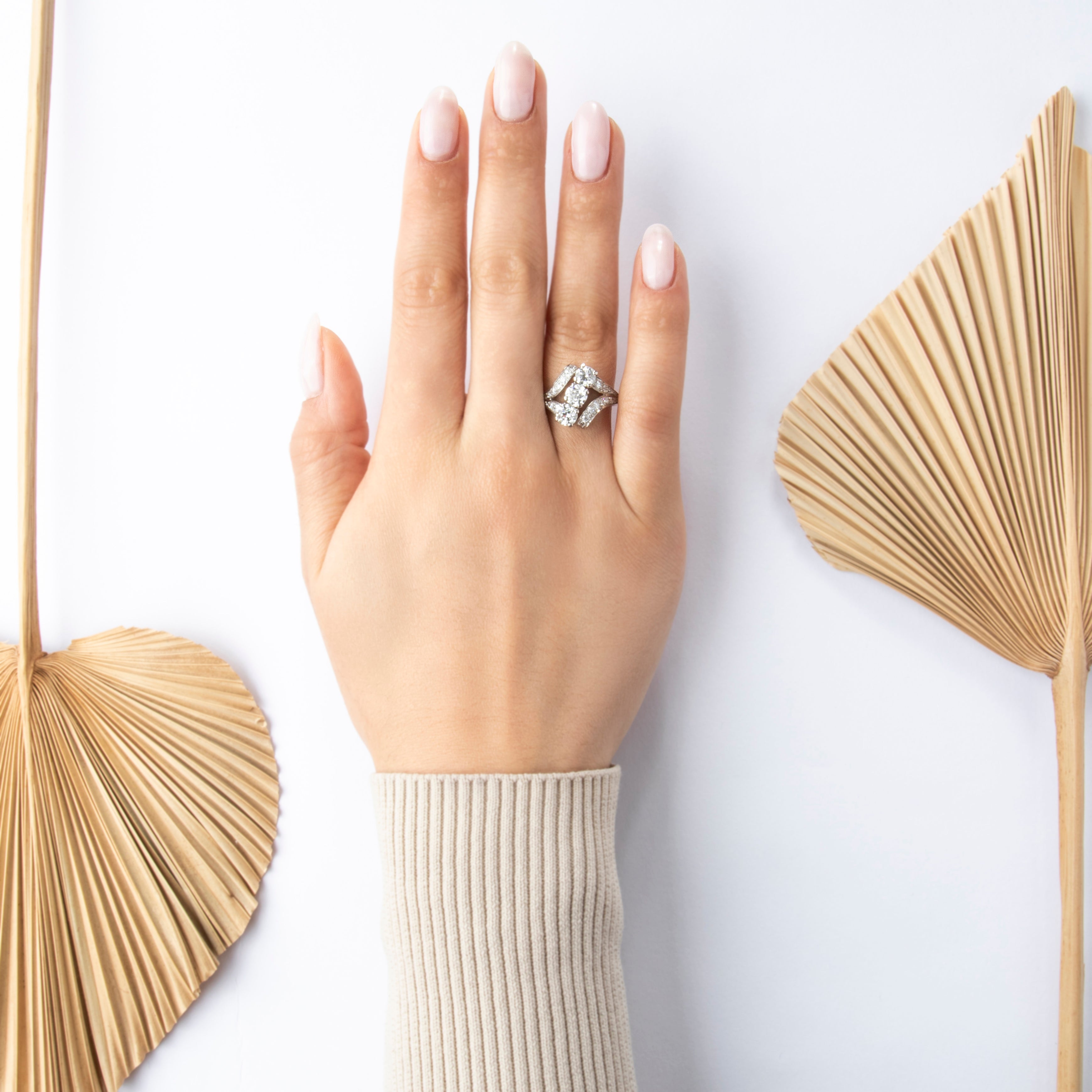 Antique Art Deco 18k White Gold 2.01cttw Old European & Old Mine Diamond Ring - On model view