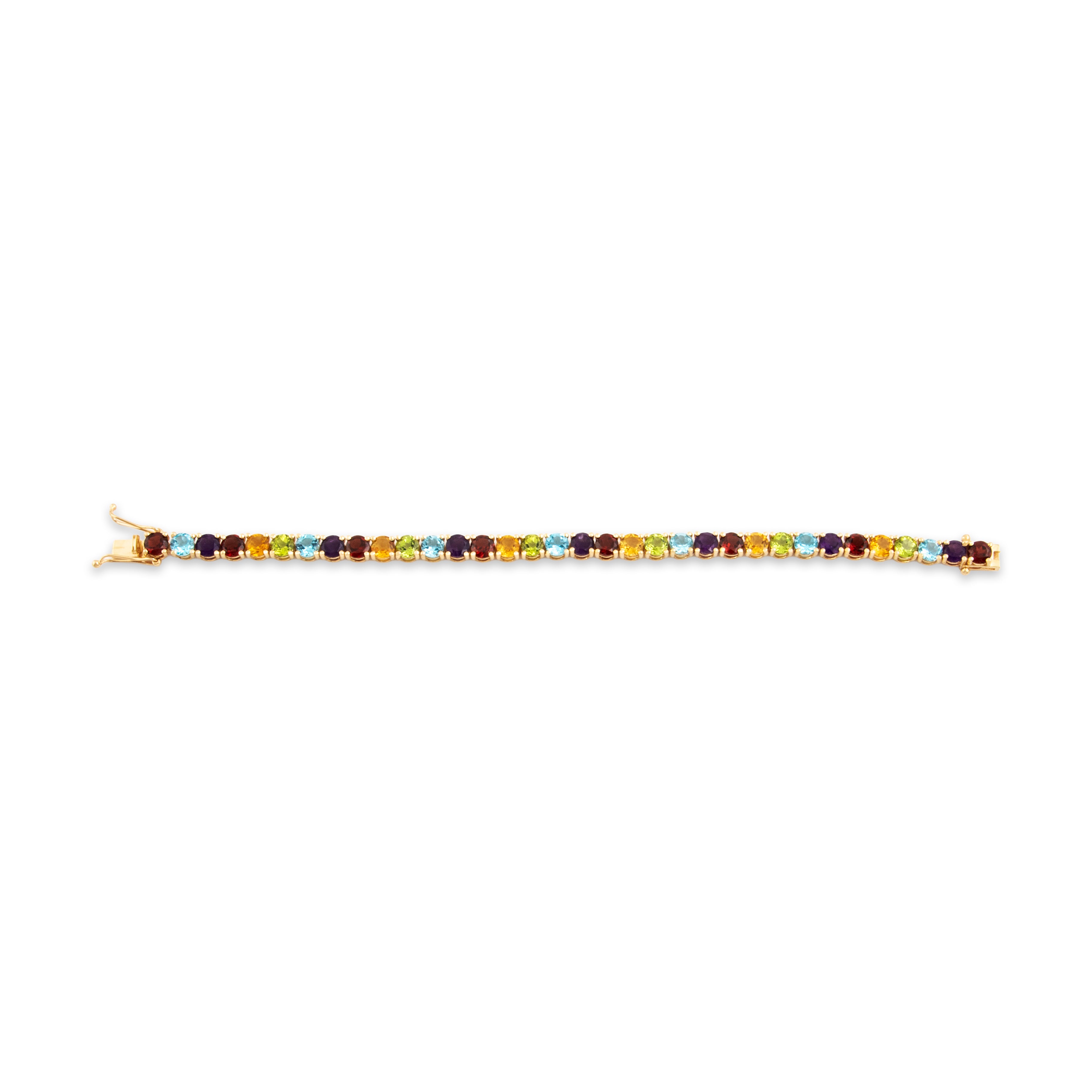 Vintage 14k Yellow Gold Garnet Topaz Dazzling Rainbow Tennis Bracelet - Close-up view