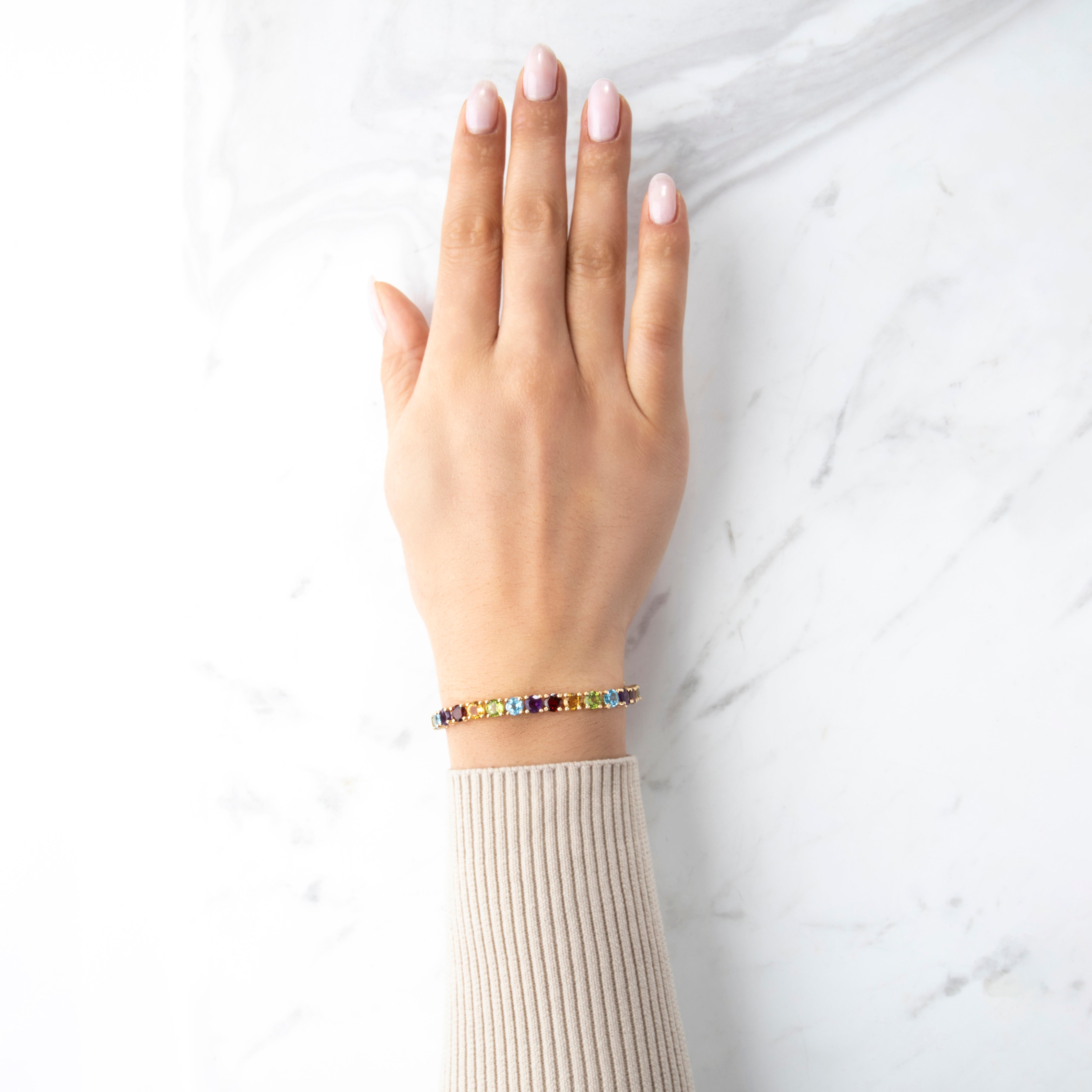 Vintage 14k Yellow Gold Garnet Topaz Dazzling Rainbow Tennis Bracelet - On model view