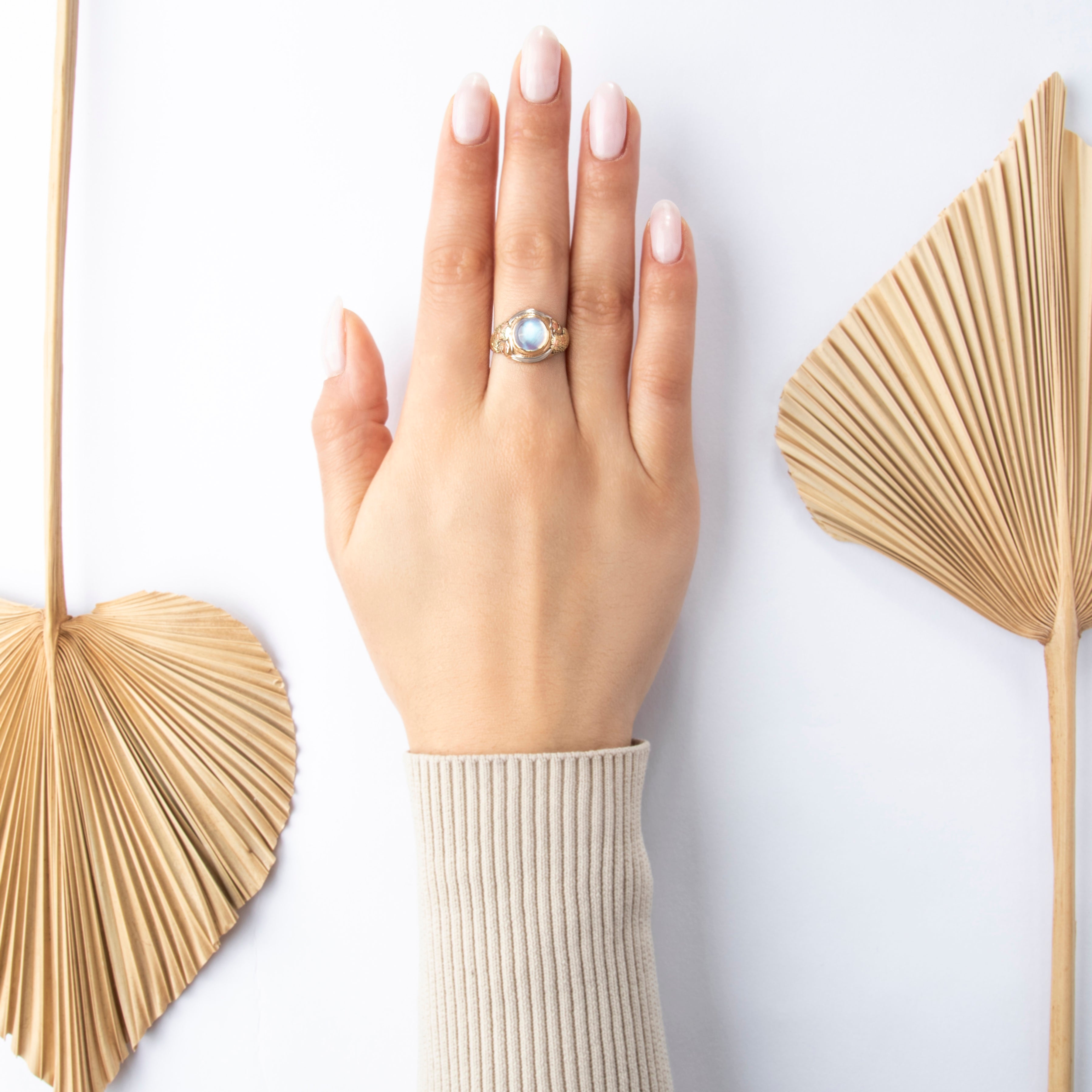 Antique 14k Tricolor Gold 3.5ct Moonstone Fantastic Textured Bird Ring - On model view