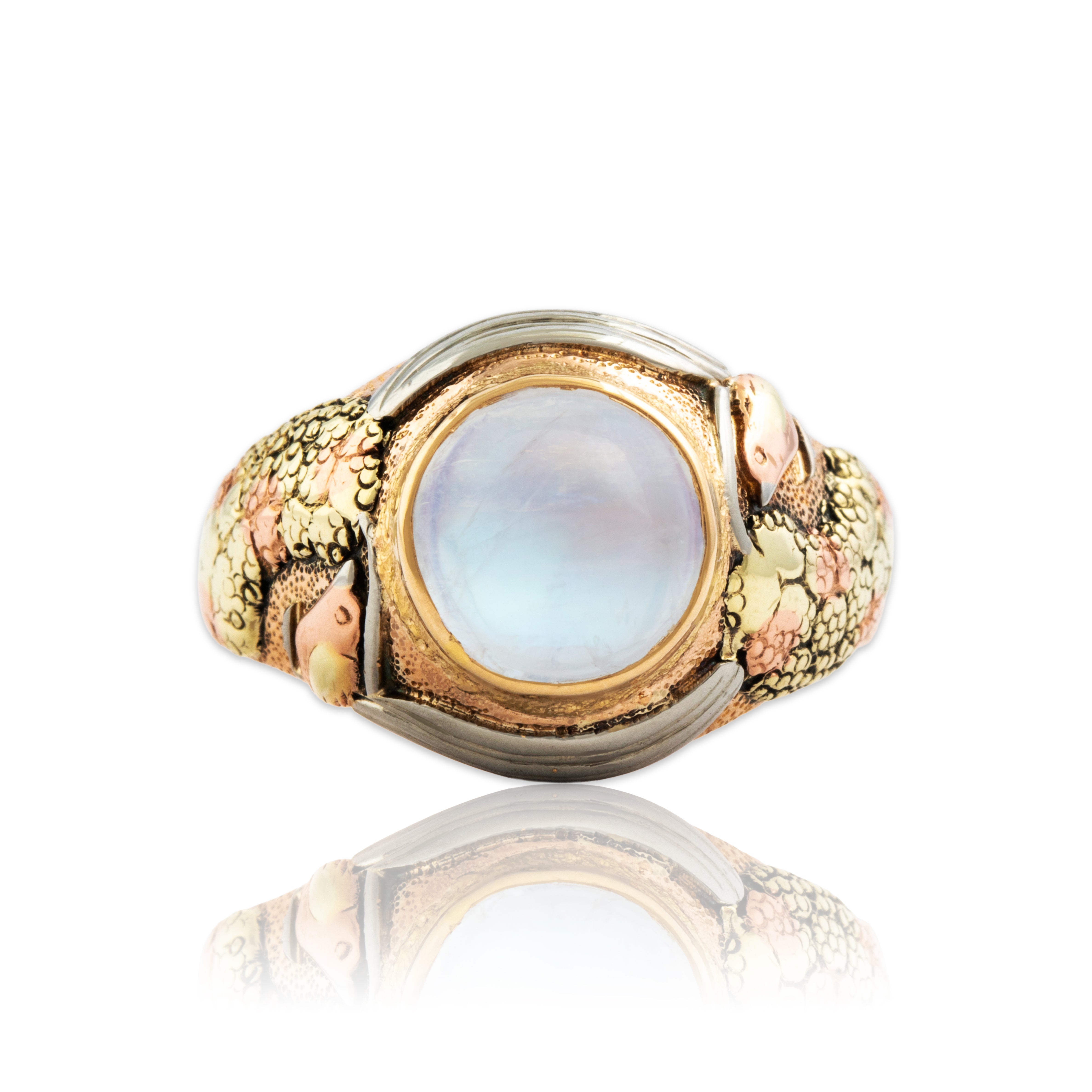 Antique 14k Tricolor Gold 3.5ct Moonstone Fantastic Textured Bird Ring - Close-up view