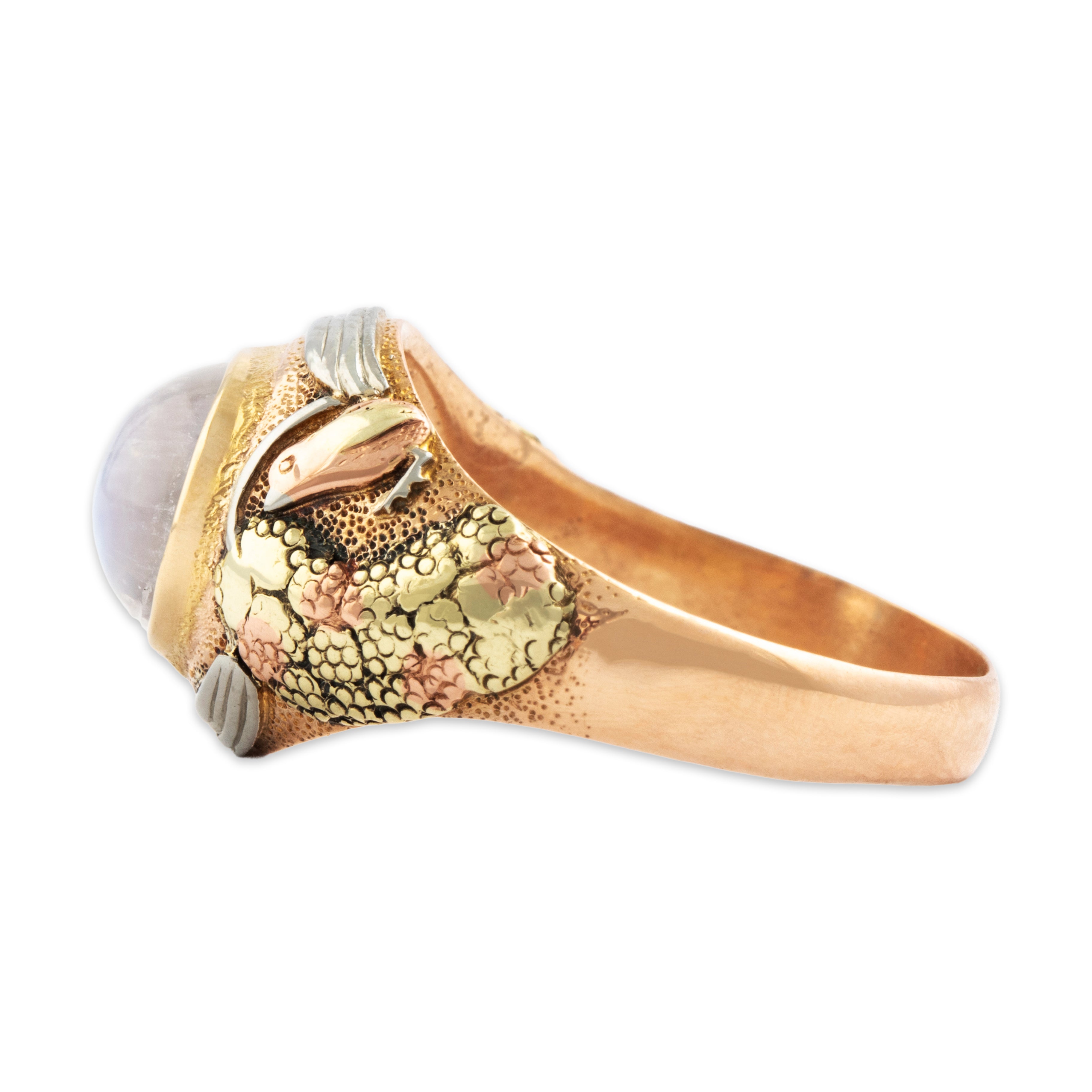Antique 14k Tricolor Gold 3.5ct Moonstone Fantastic Textured Bird Ring - Side view