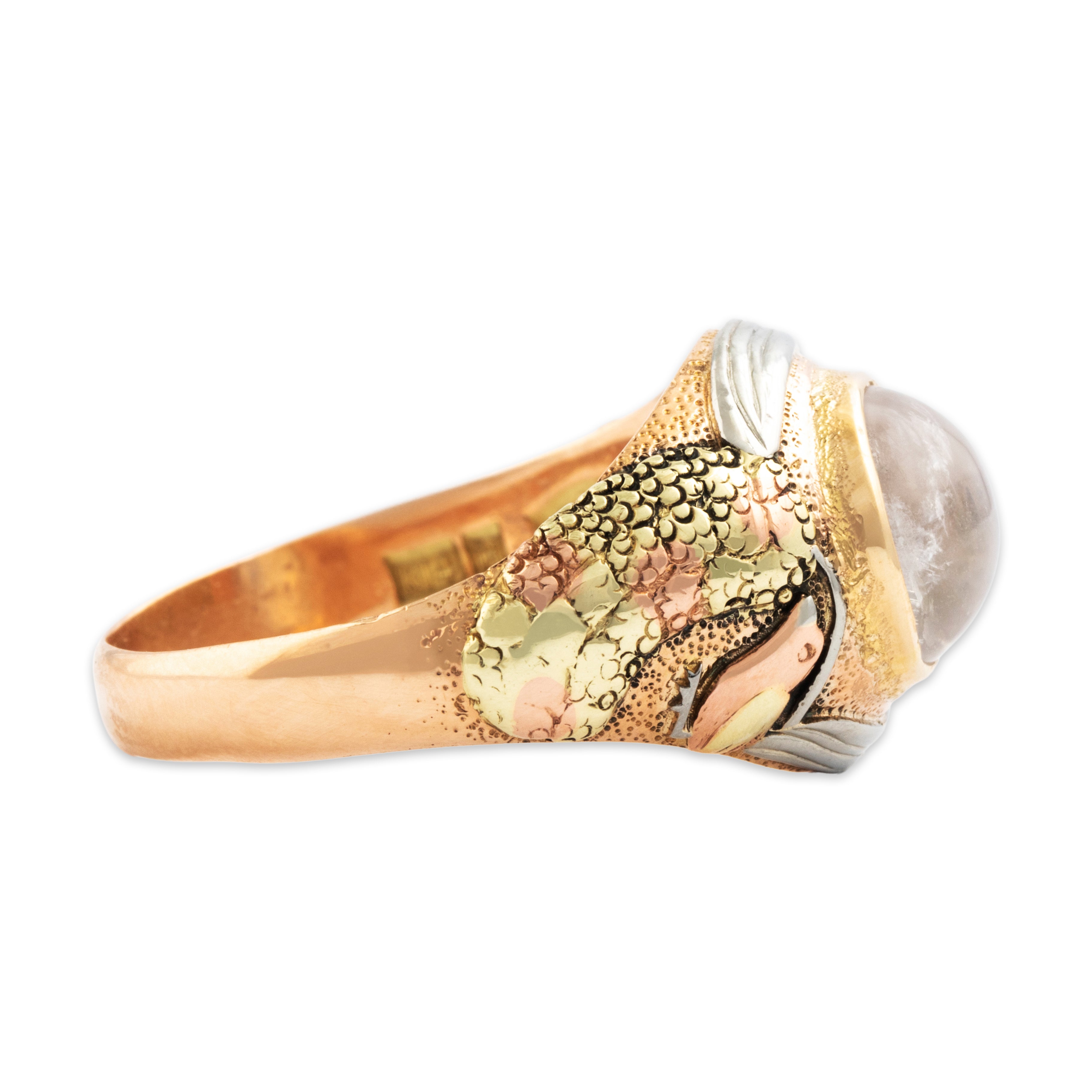 Antique 14k Tricolor Gold 3.5ct Moonstone Fantastic Textured Bird Ring - Side view