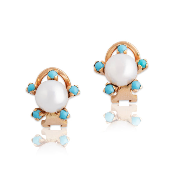 Vintage 18k Rosy Yellow Gold Pearl Turquoise Glowing Omega Back Earrings