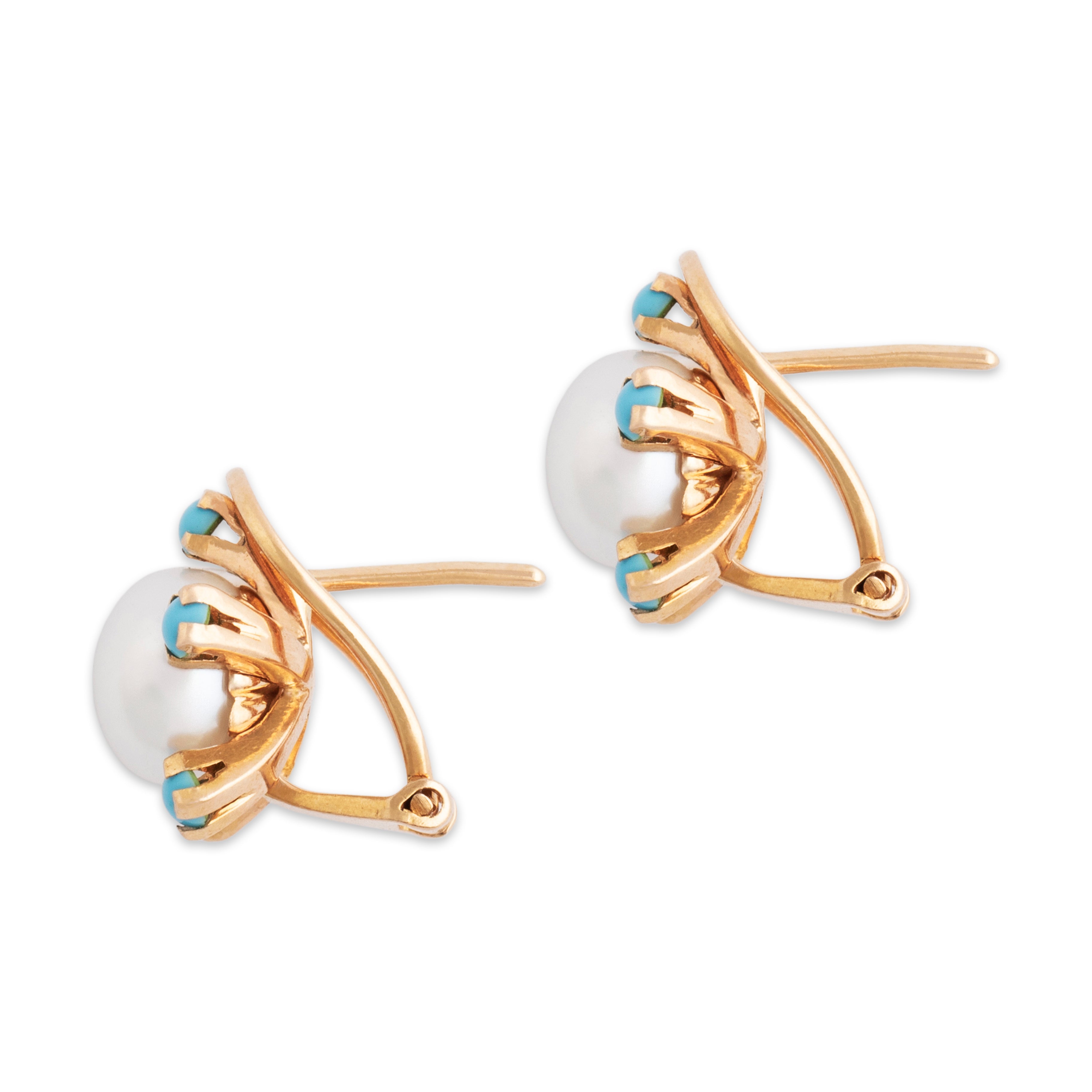 Vintage 18k Rosy Yellow Gold Pearl Turquoise Glowing Halo Omega Back Earrings - Side view