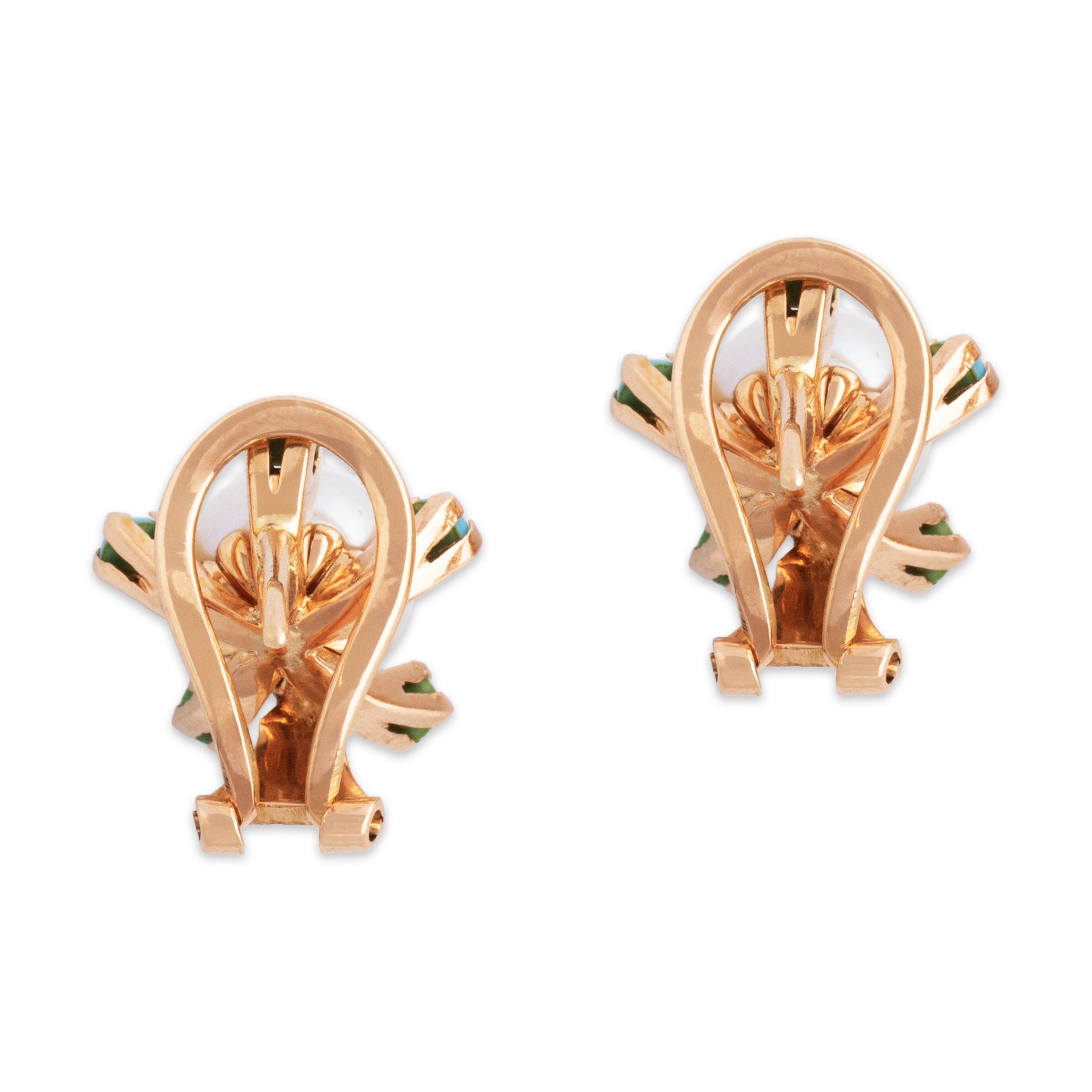 Vintage 18k Rosy Yellow Gold Pearl Turquoise Glowing Halo Omega Back Earrings - Back view