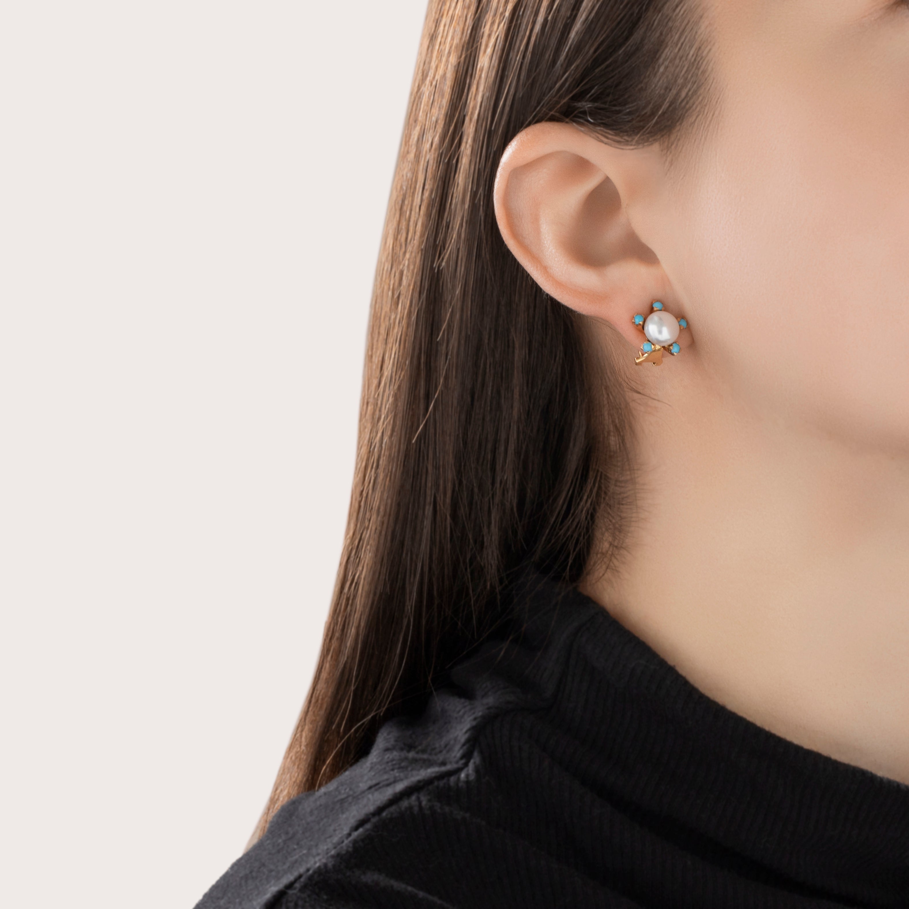 Vintage 18k Rosy Yellow Gold Pearl Turquoise Glowing Halo Omega Back Earrings - On model view