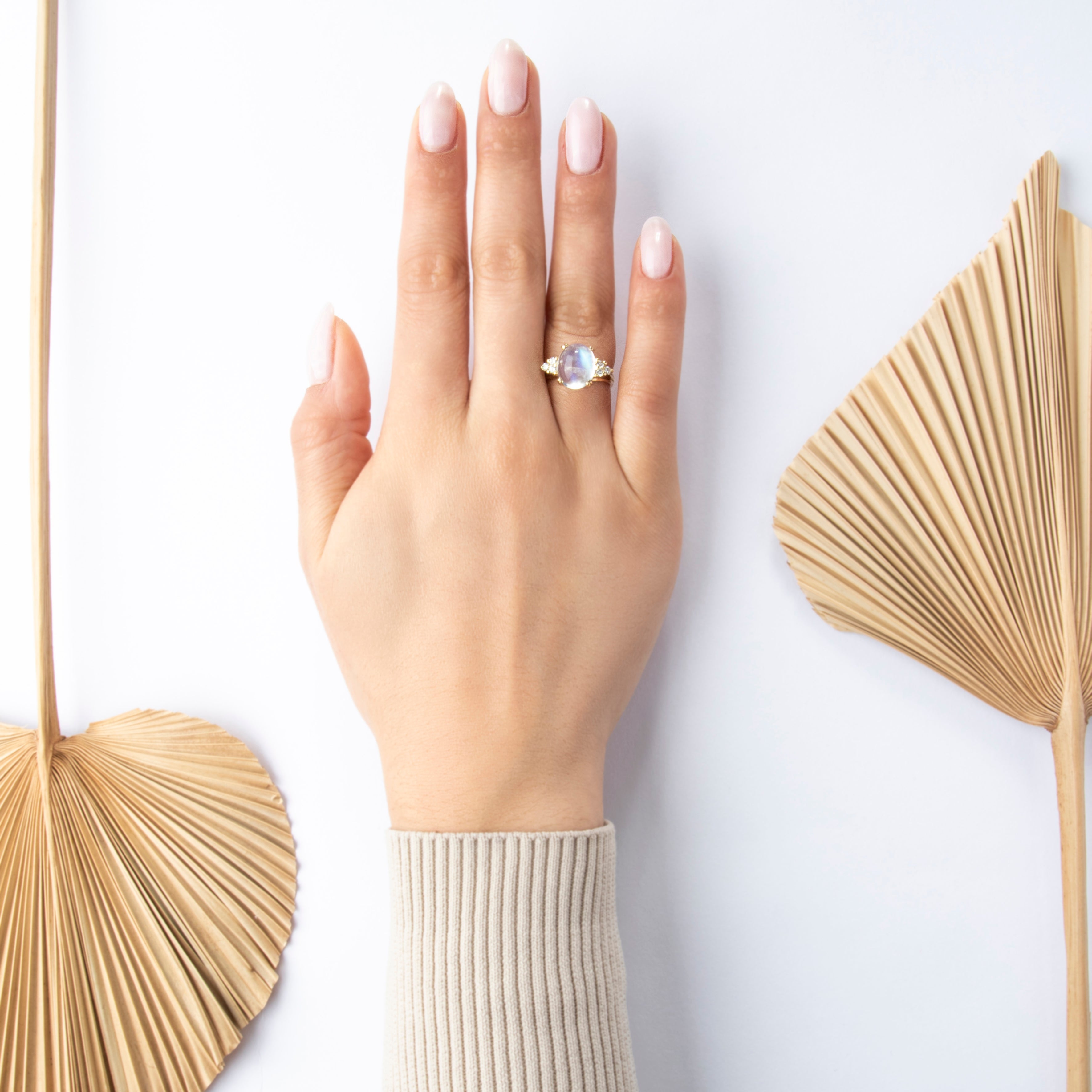 Vintage Stunning 14k Yellow Gold 5.13ct Moonstone Diamond Luminous Dome Ring  - On model view