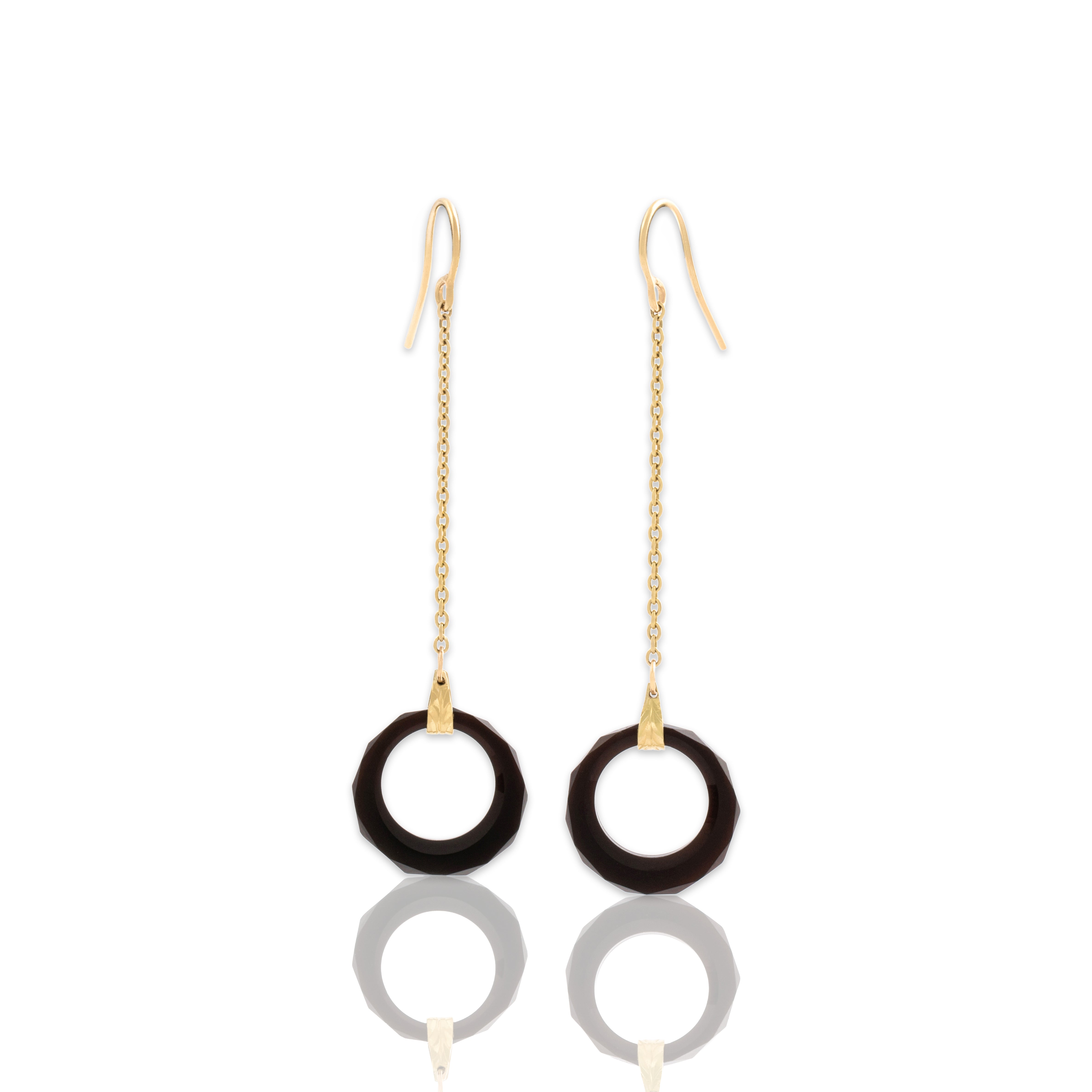 Antique 14k Yellow Gold Onyx Geometric Faceted Cable Chain Drop Dangle Earrings - Close-up view