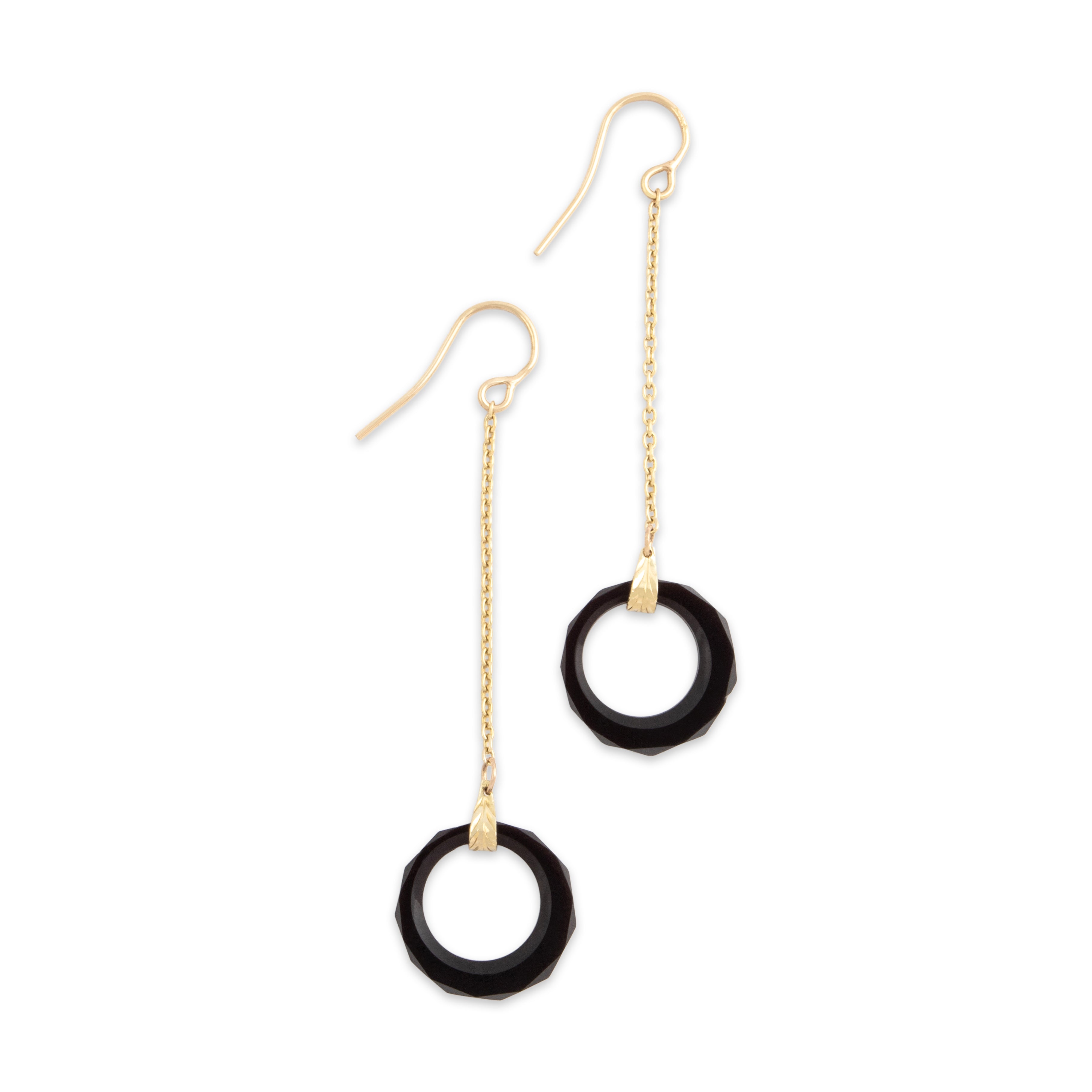 Antique 14k Yellow Gold Onyx Geometric Faceted Cable Chain Drop Dangle Earrings - Side view