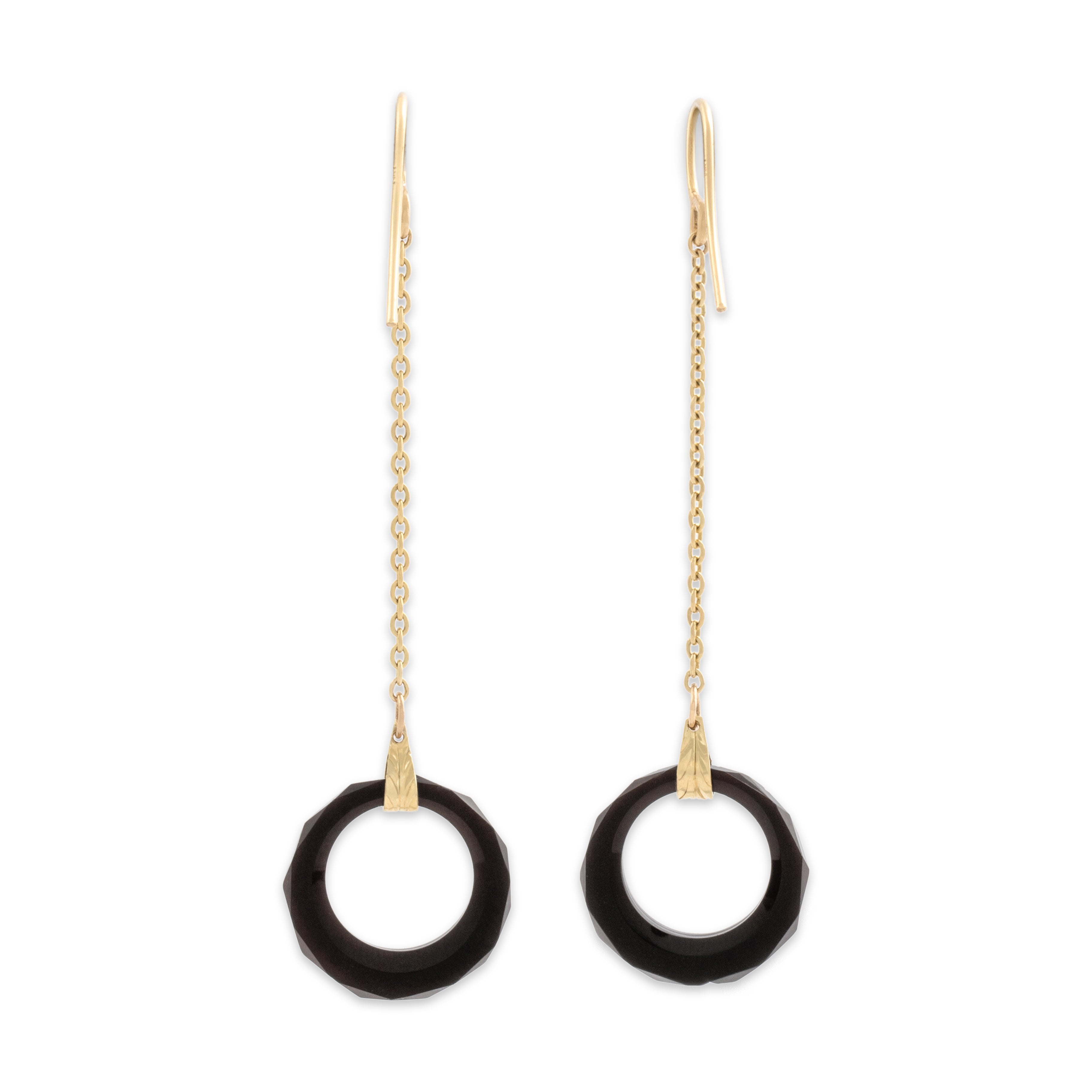 Antique 14k Yellow Gold Onyx Geometric Faceted Cable Chain Drop Dangle Earrings - Back view