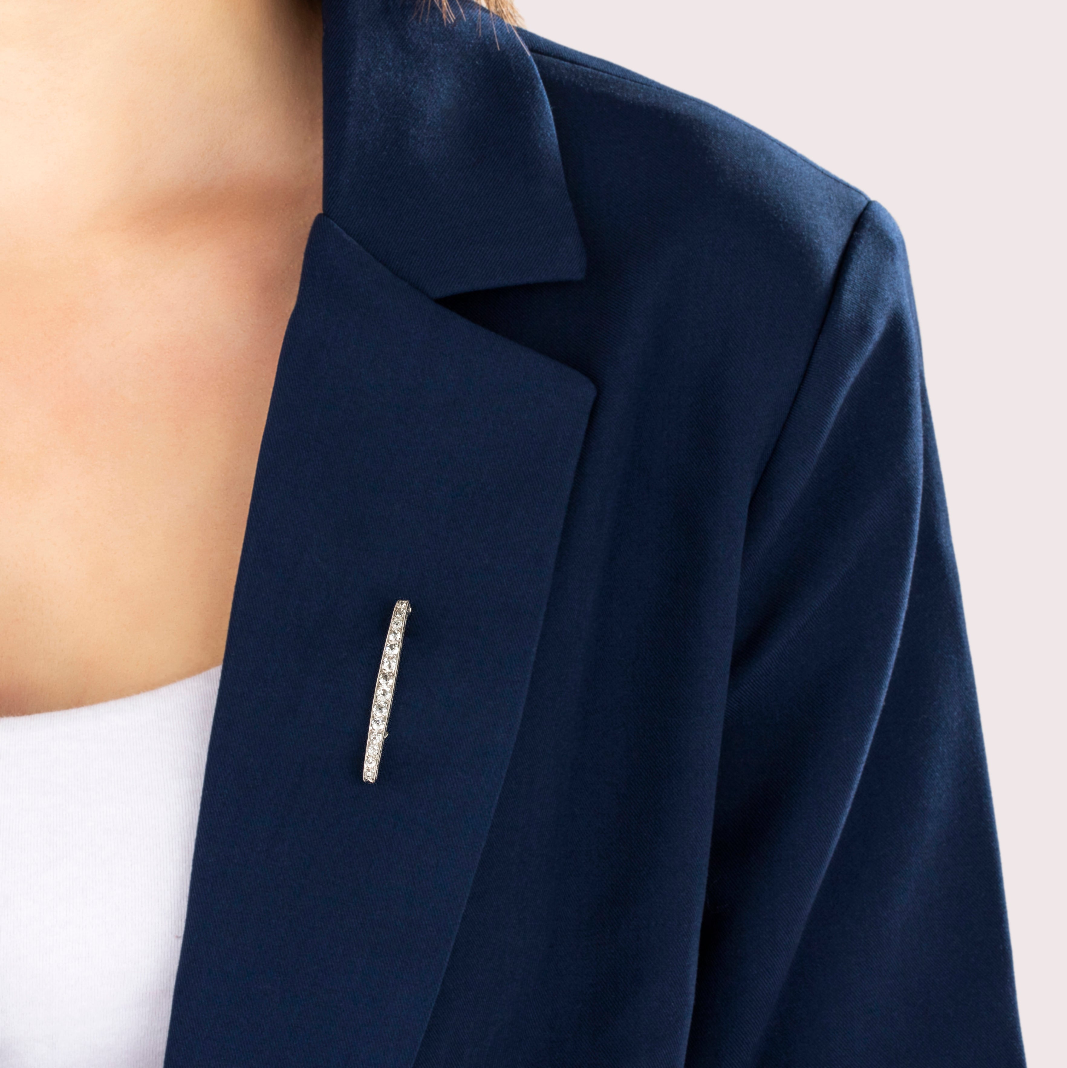 Antique Platinum 1.209cttw Old Mine Diamond Incredible Decorated Bar Pin - On model view