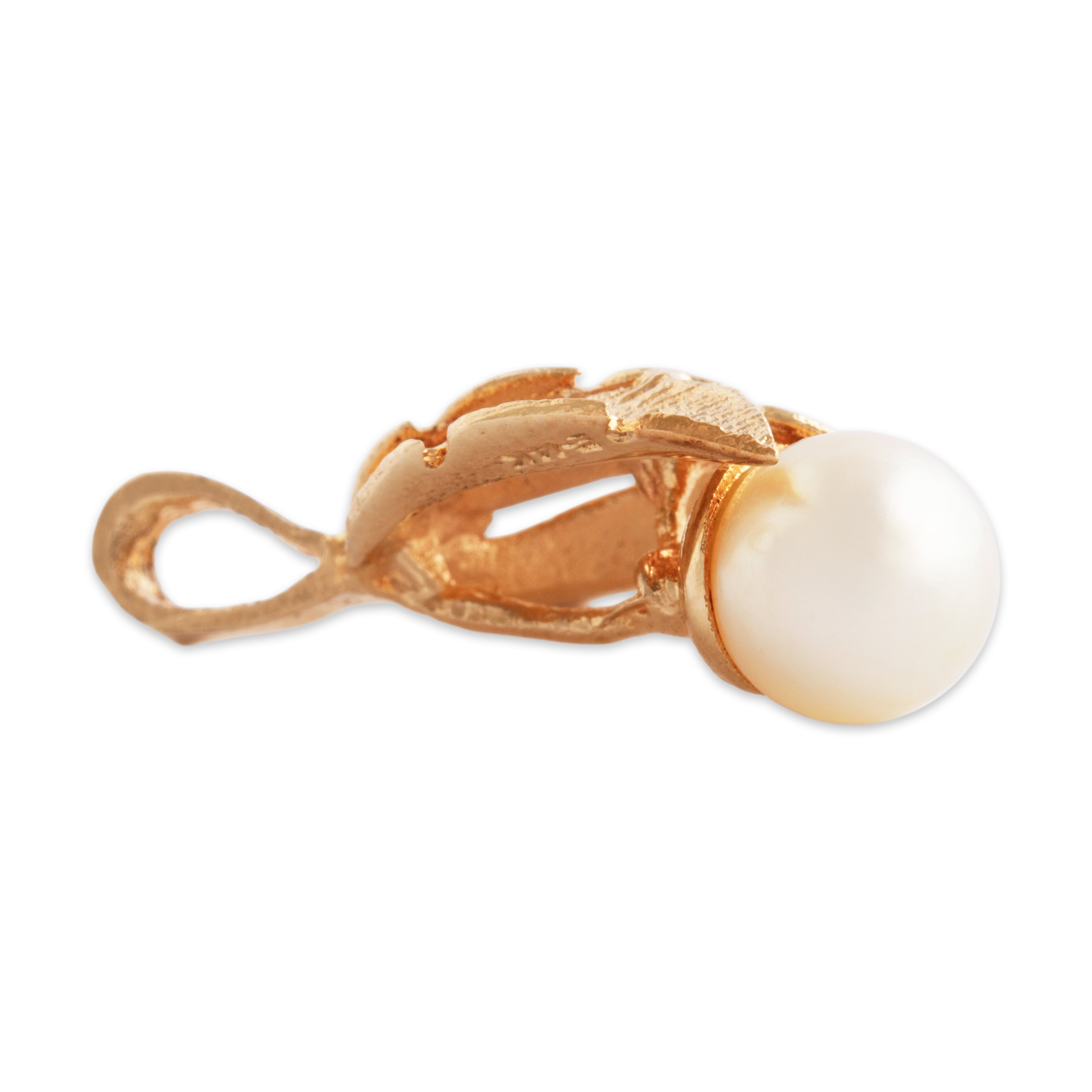 Vintage 14k Yellow Gold Pearl Textured Leaf Drop Pendant - Side view
