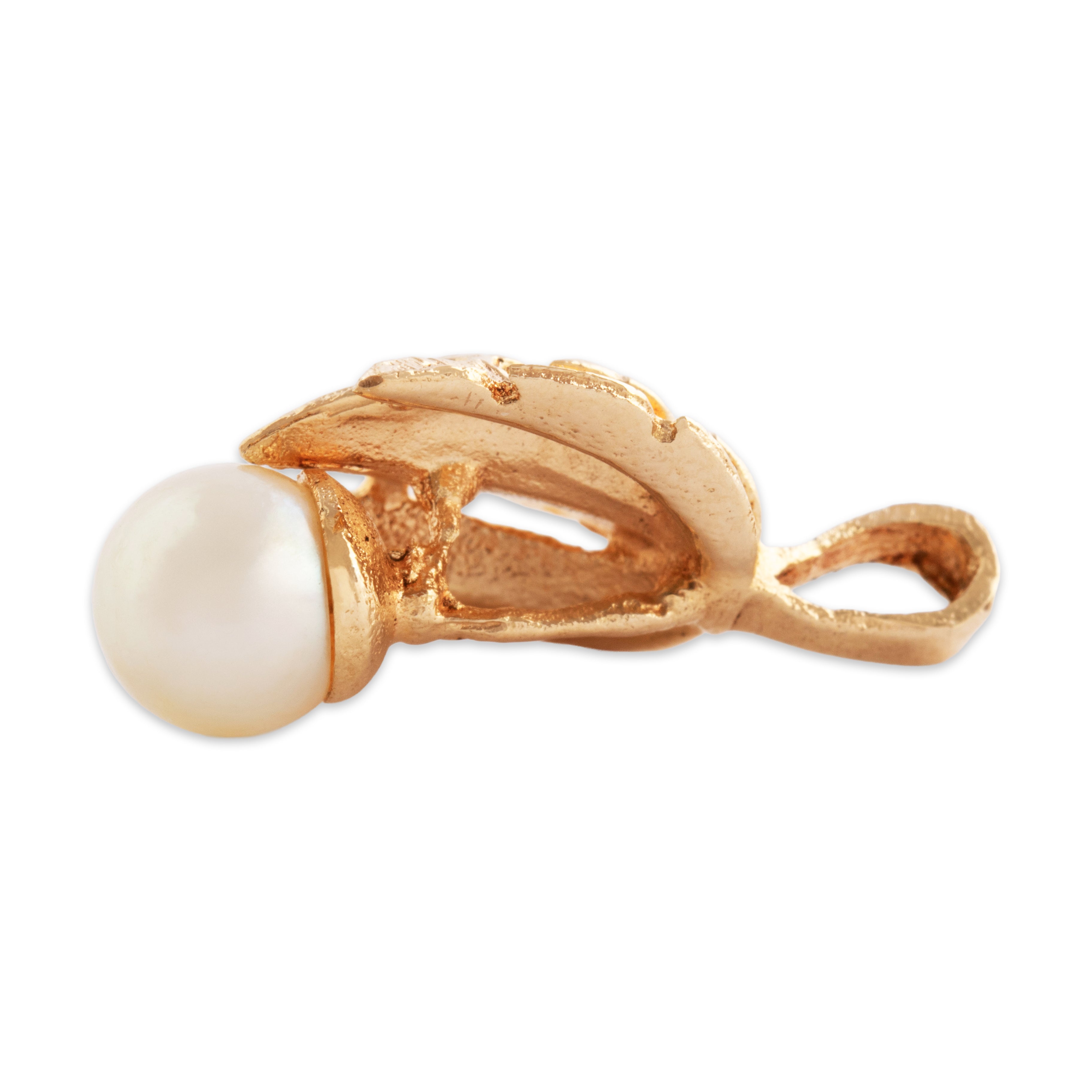 Vintage 14k Yellow Gold Pearl Textured Leaf Drop Pendant - Side view