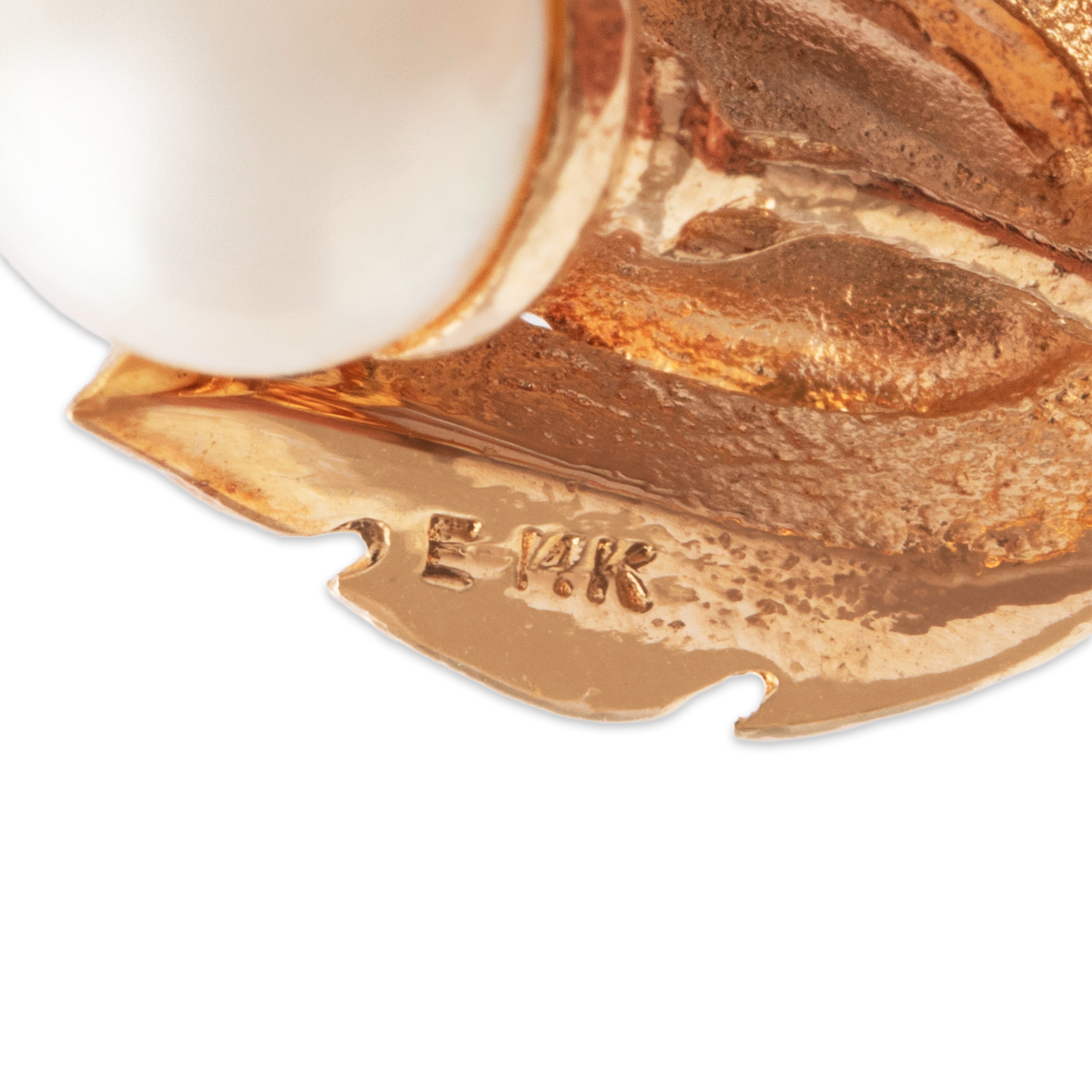 Vintage 14k Yellow Gold Pearl Textured Leaf Drop Pendant -Hallmark view