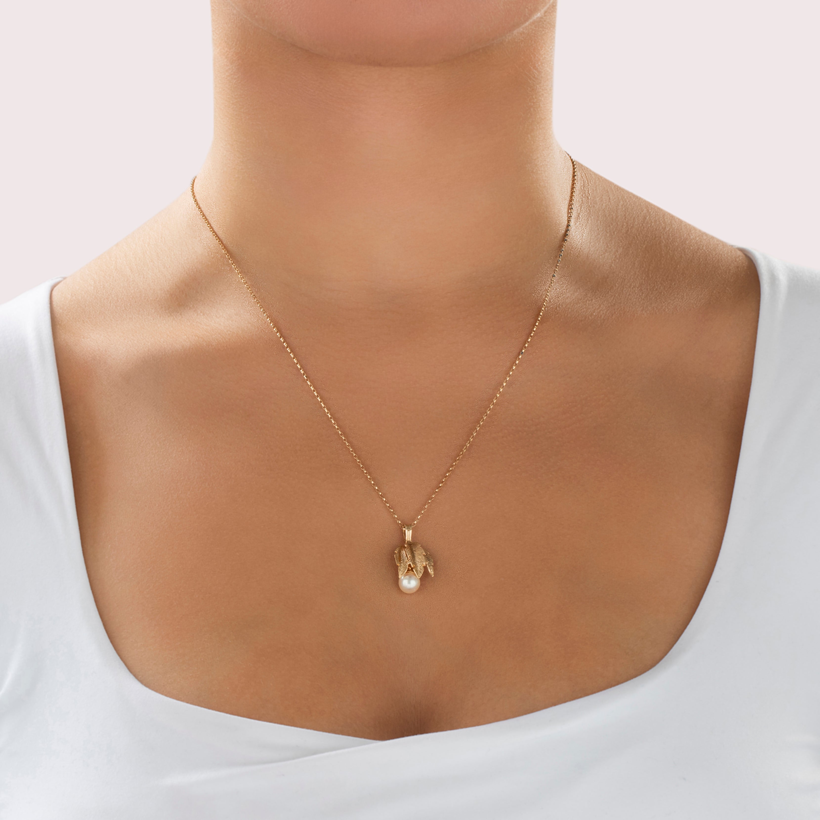 Vintage 14k Yellow Gold Pearl Textured Leaf Drop Pendant - On model view