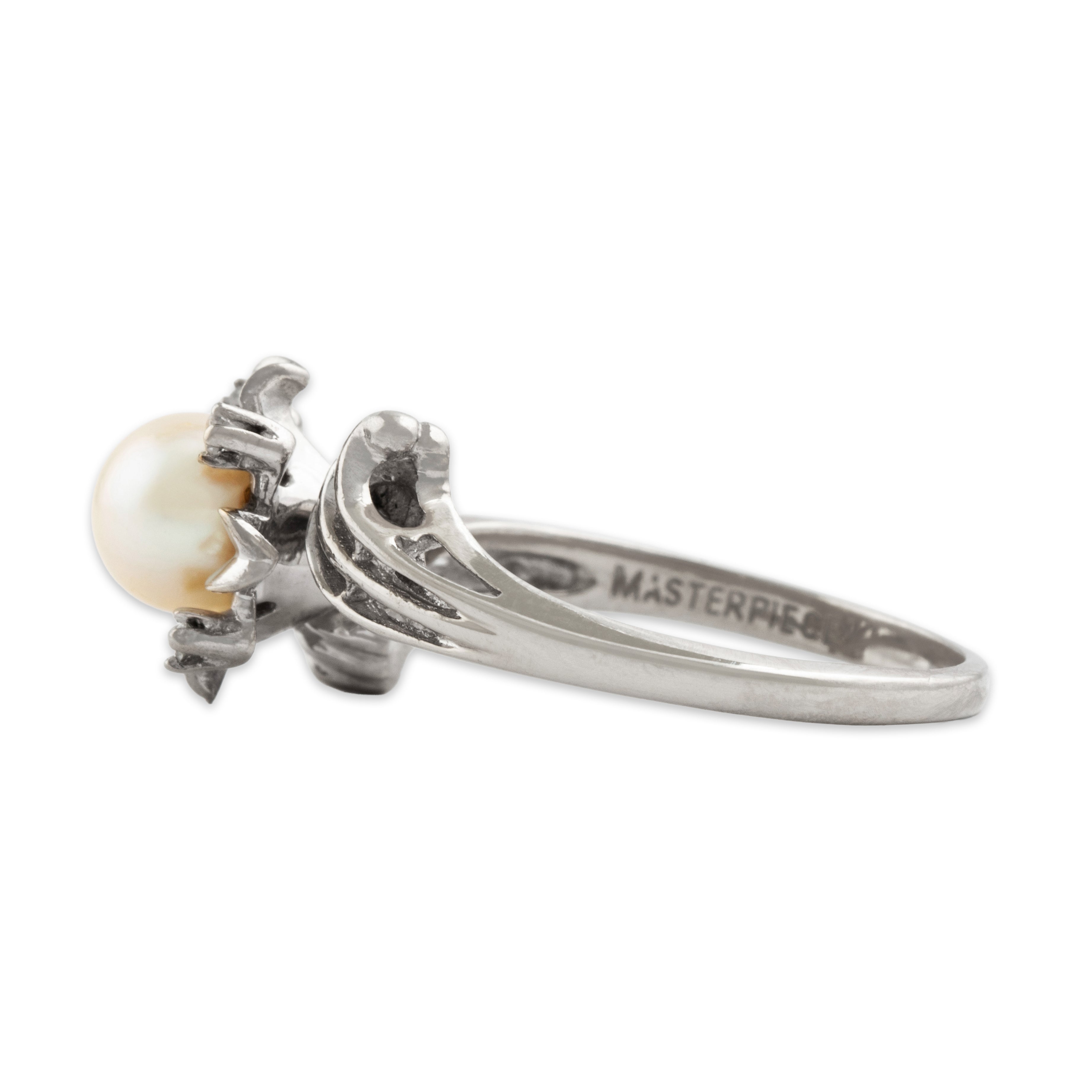 Vintage 14k White Gold Pearl Diamond Luminous Flower Ring - Side view