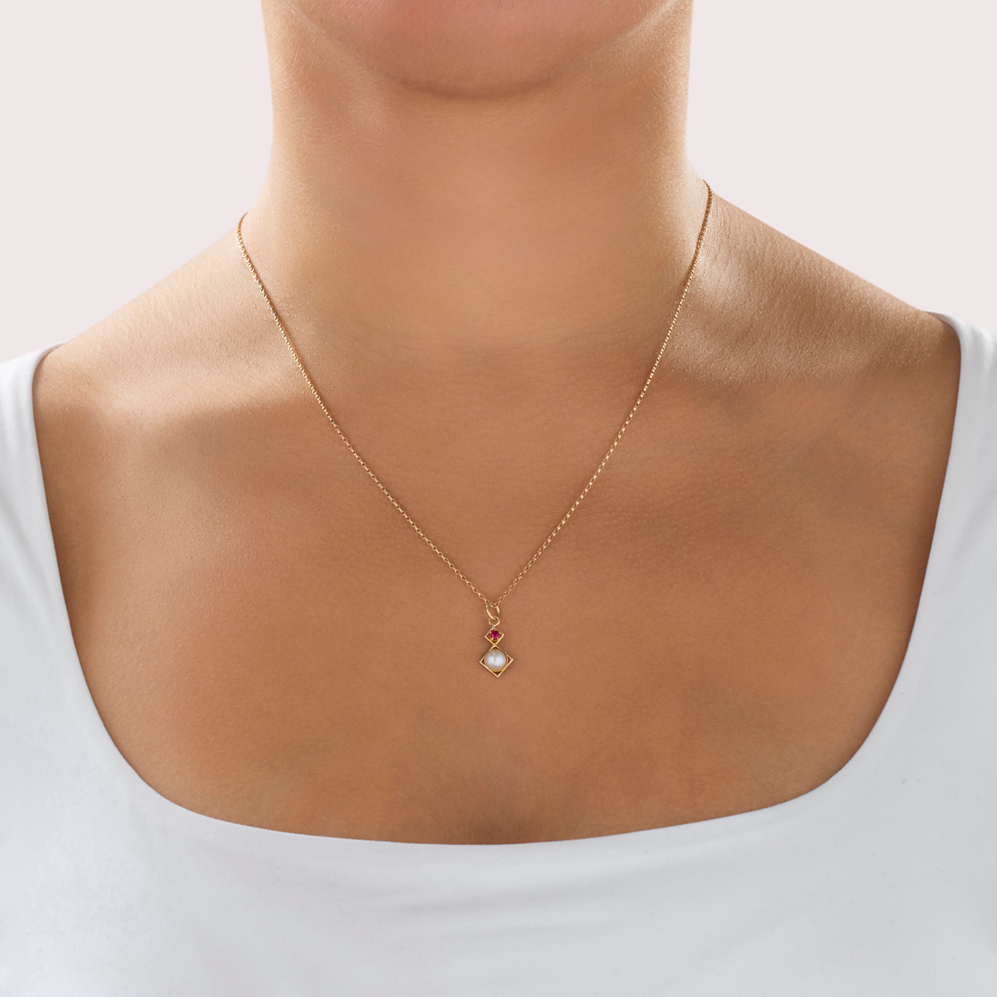 Antique 14k Yellow Gold Pearl Synthetic Ruby Bright Square Duo Charm / Pendant - On model view