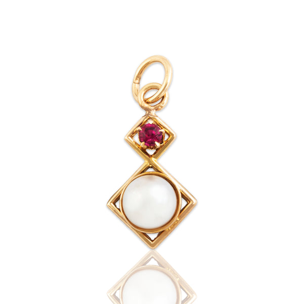 Antique 14k Yellow Gold Pearl Synthetic Ruby Bright Square Duo Charm / Pendant