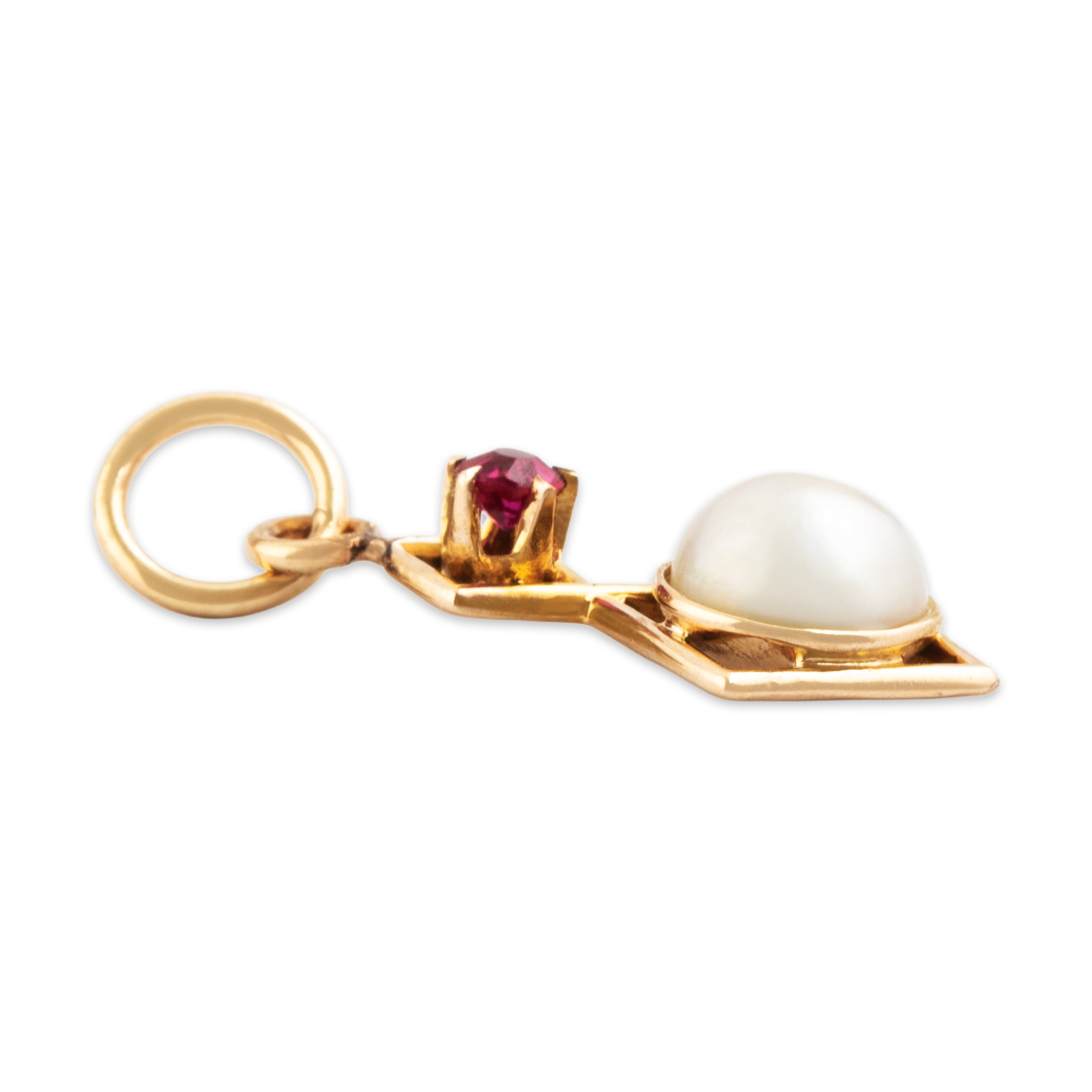 Antique 14k Yellow Gold Pearl Synthetic Ruby Bright Square Duo Charm / Pendant - Side view