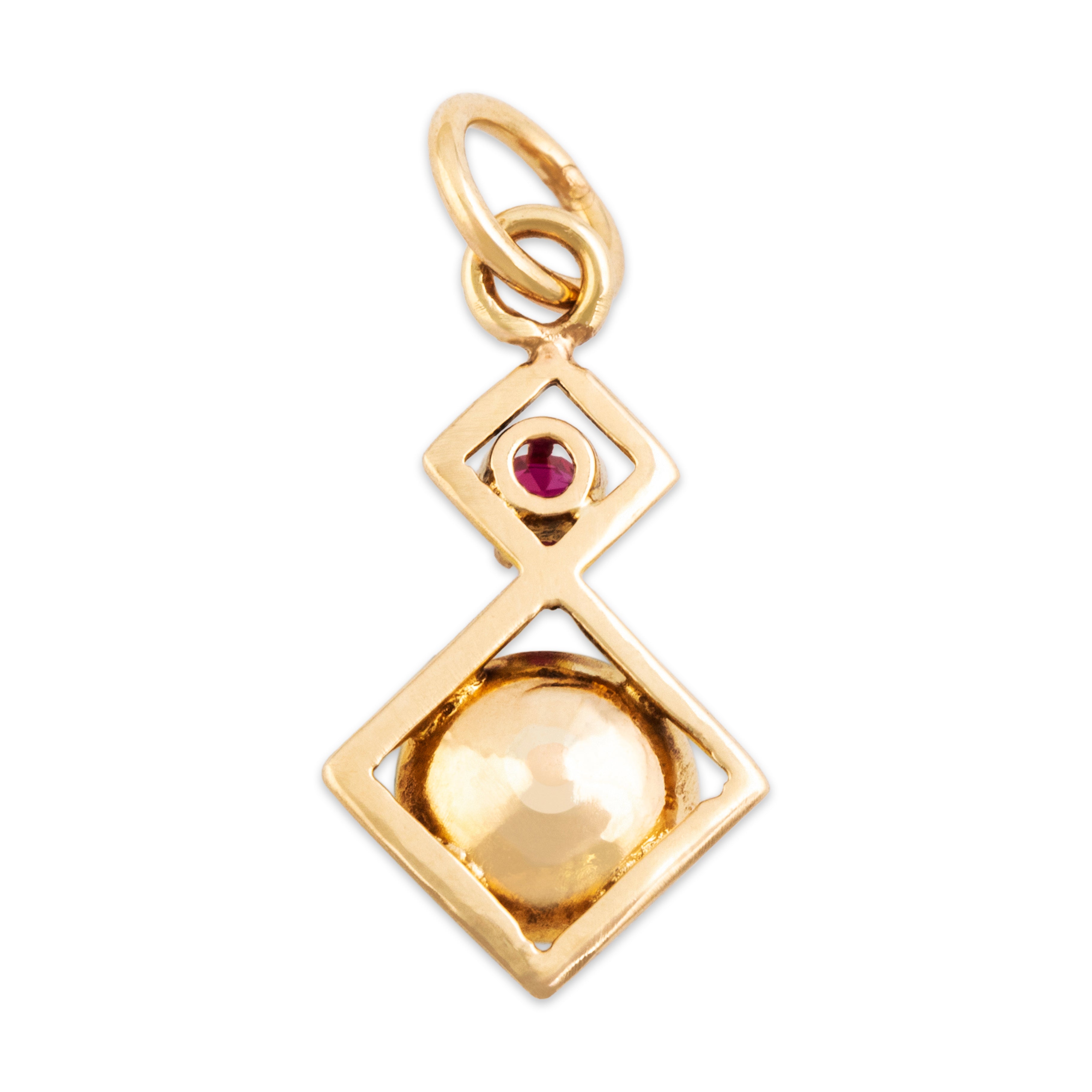 Antique 14k Yellow Gold Pearl Synthetic Ruby Bright Square Duo Charm / Pendant - Back view
