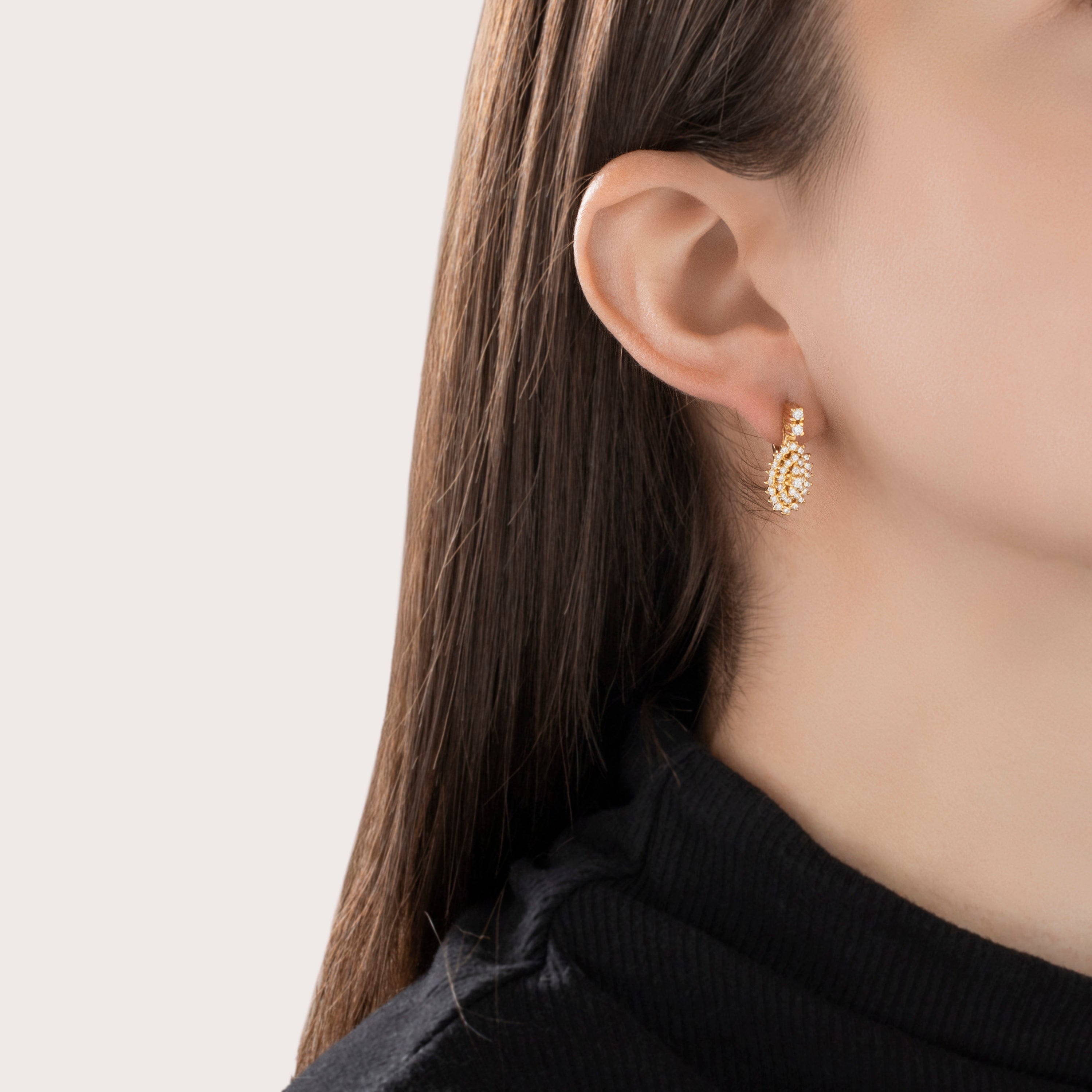 Vintage 18k Yellow Gold .827cttw Diamond Brilliant Cluster Earrings - On model view