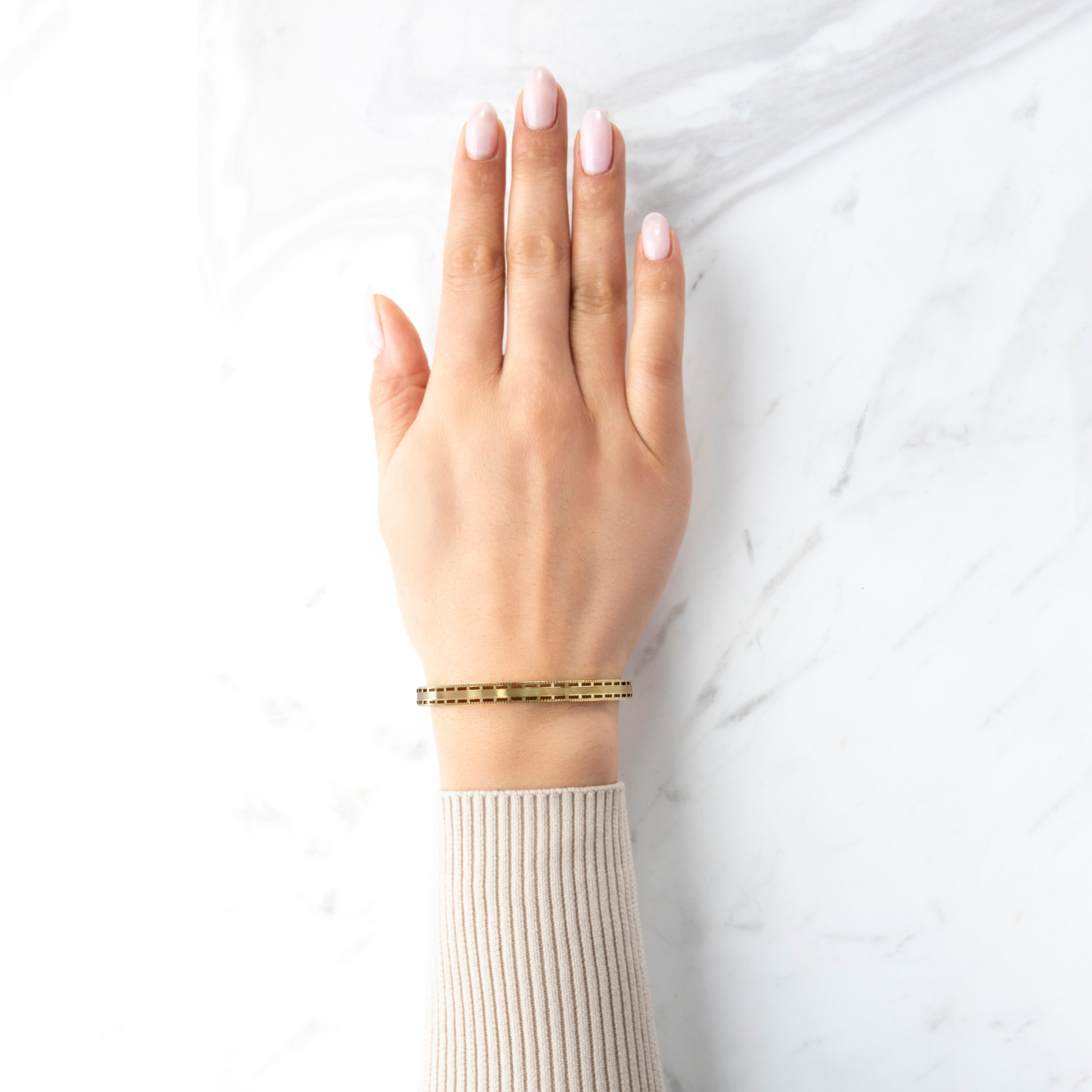 Antique 14k Yellow Gold Architectural Bangle Bracelet - On model view