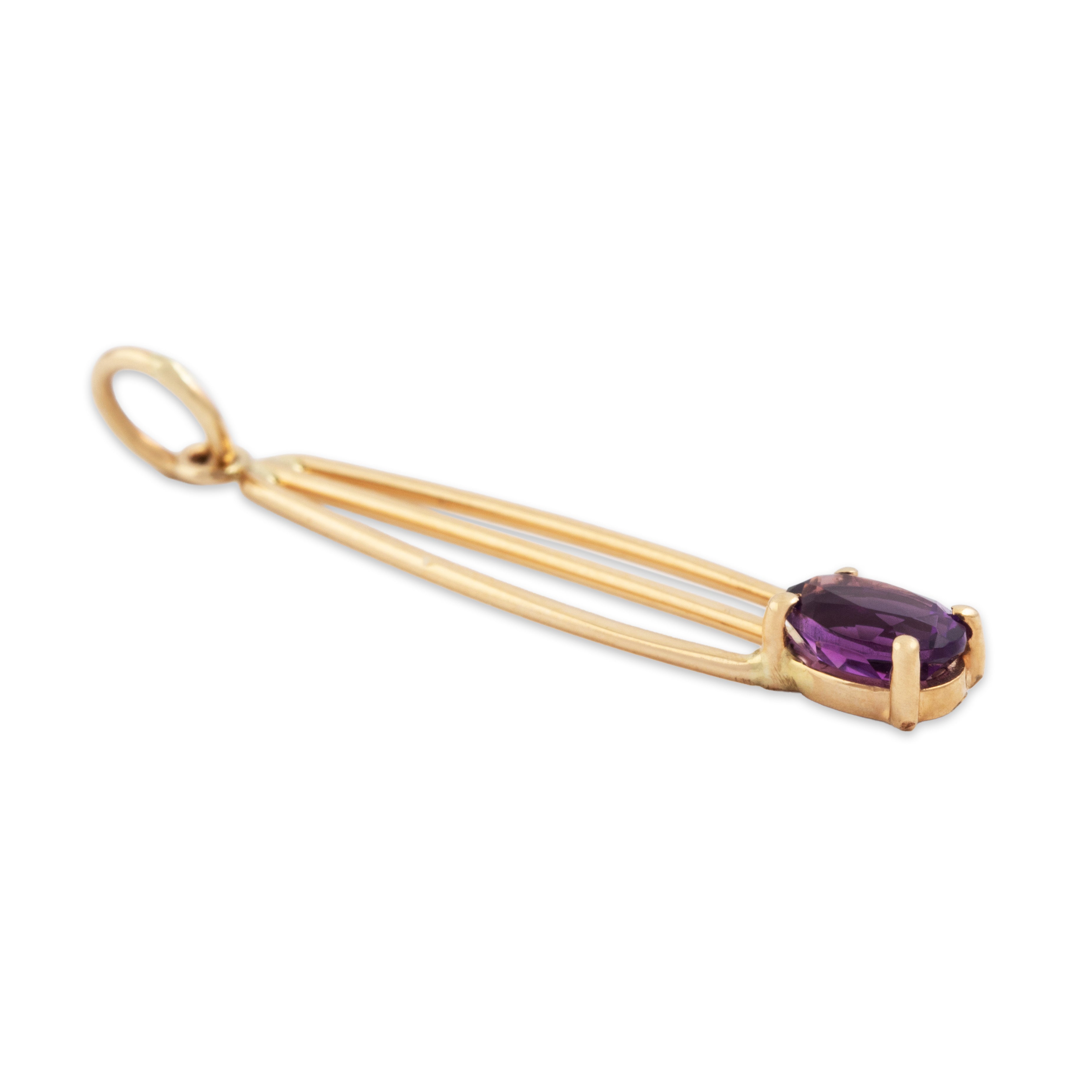 Vintage 14k Yellow Gold Amethyst Sleek Triple Line Pendant - Side view